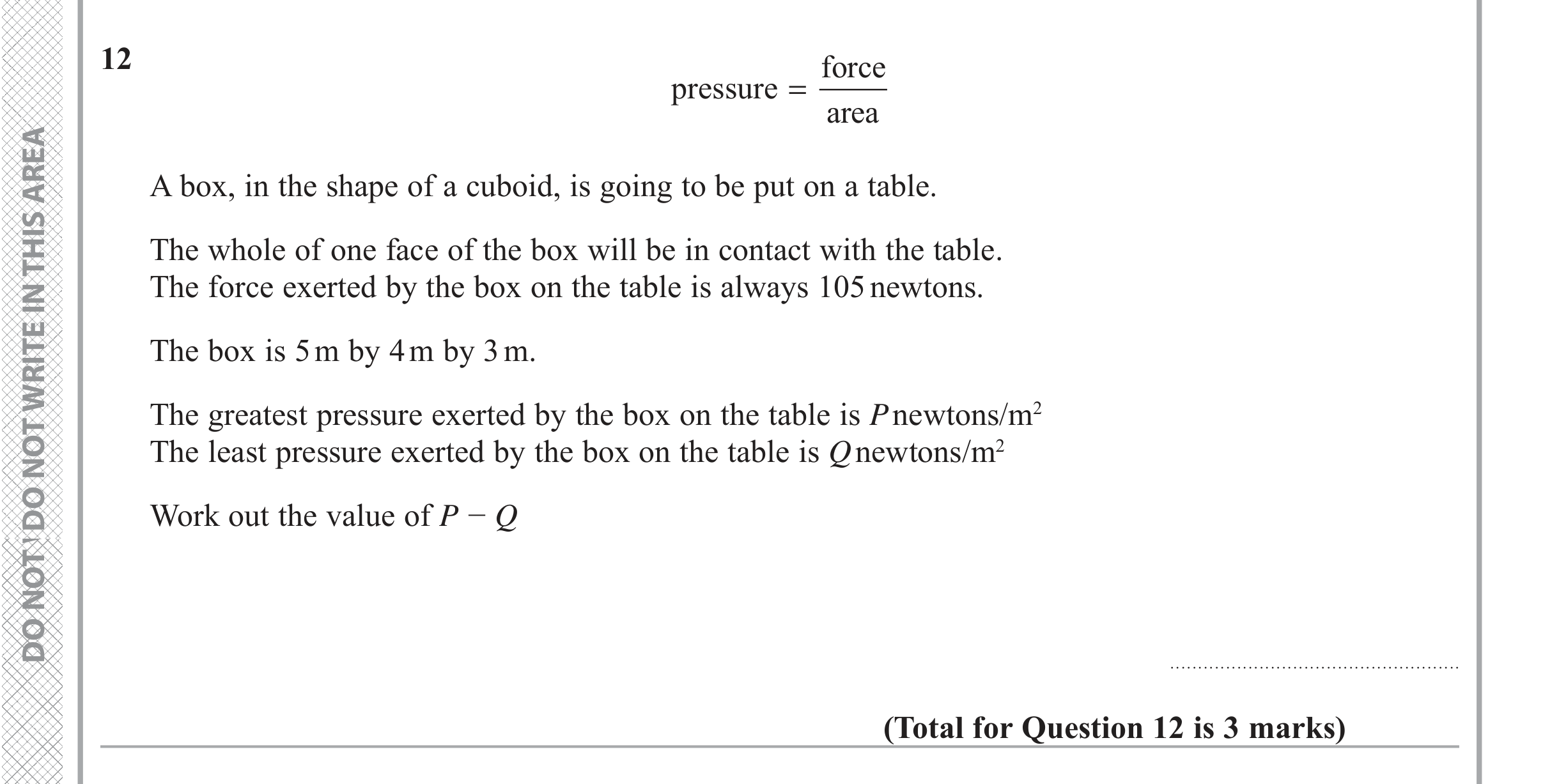 Question 12 — 3D Shapes and Volume, Speed/Distance/Time/Density/Pressure — Edexcel iGCSE June 2019