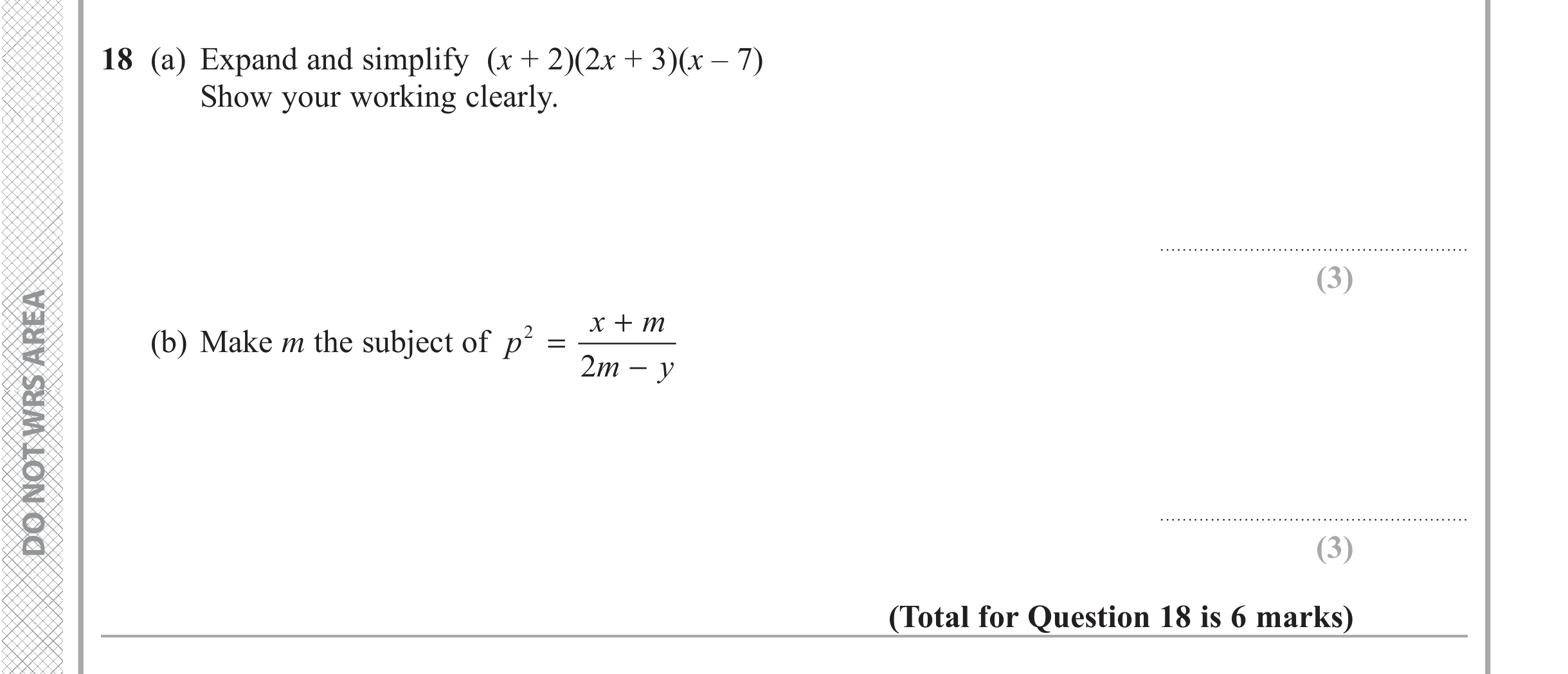 Question 18 — Algebra (Expand/Simplify/Factorise), Formulae — Edexcel iGCSE June 2019