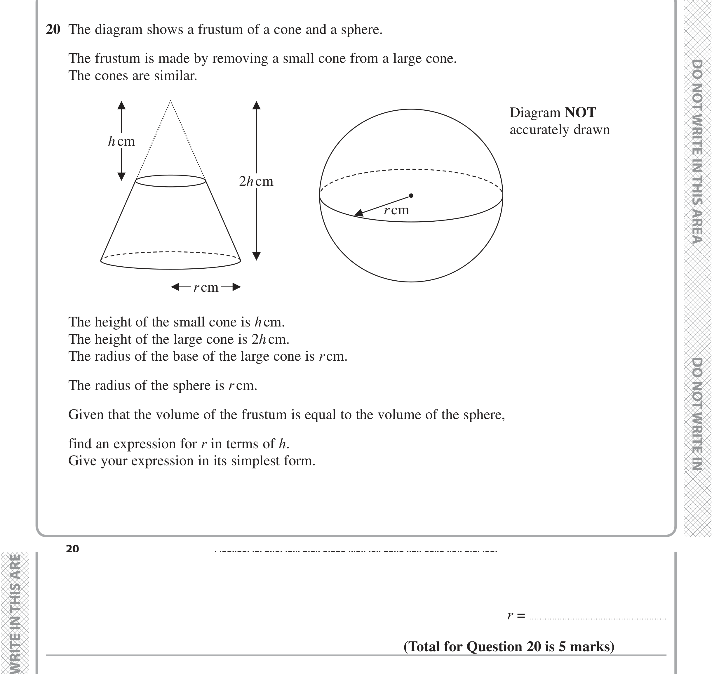 Question 20 — 3D Shapes and Volume — Edexcel iGCSE Jan 2020