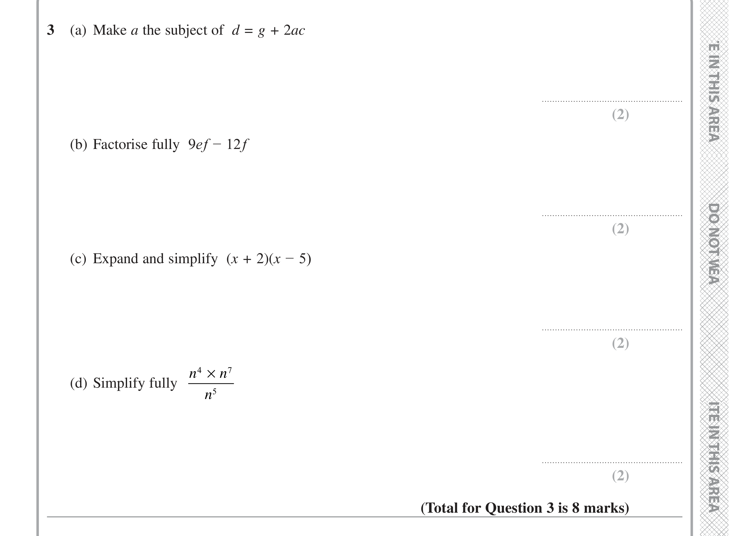 Question 3 — Formulae, Factorise/Expand/Simplify, Powers — Edexcel iGCSE Jan 2020