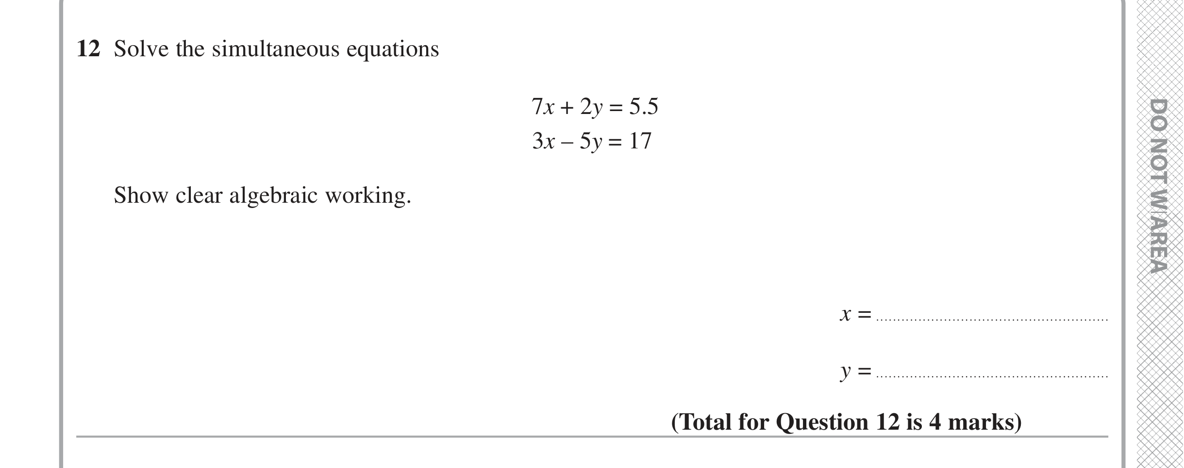 Question 12 — Simultaneous Equations — Edexcel iGCSE June 2020