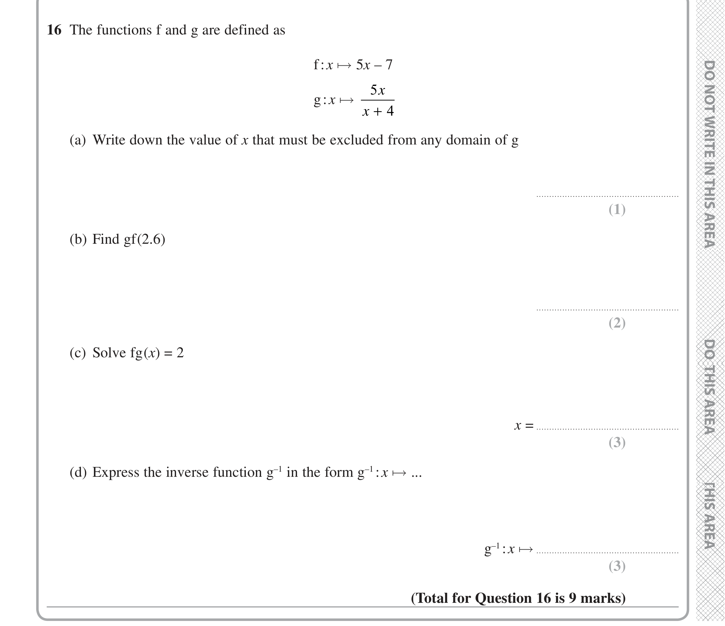 Question 16 — Functions — Edexcel iGCSE June 2020