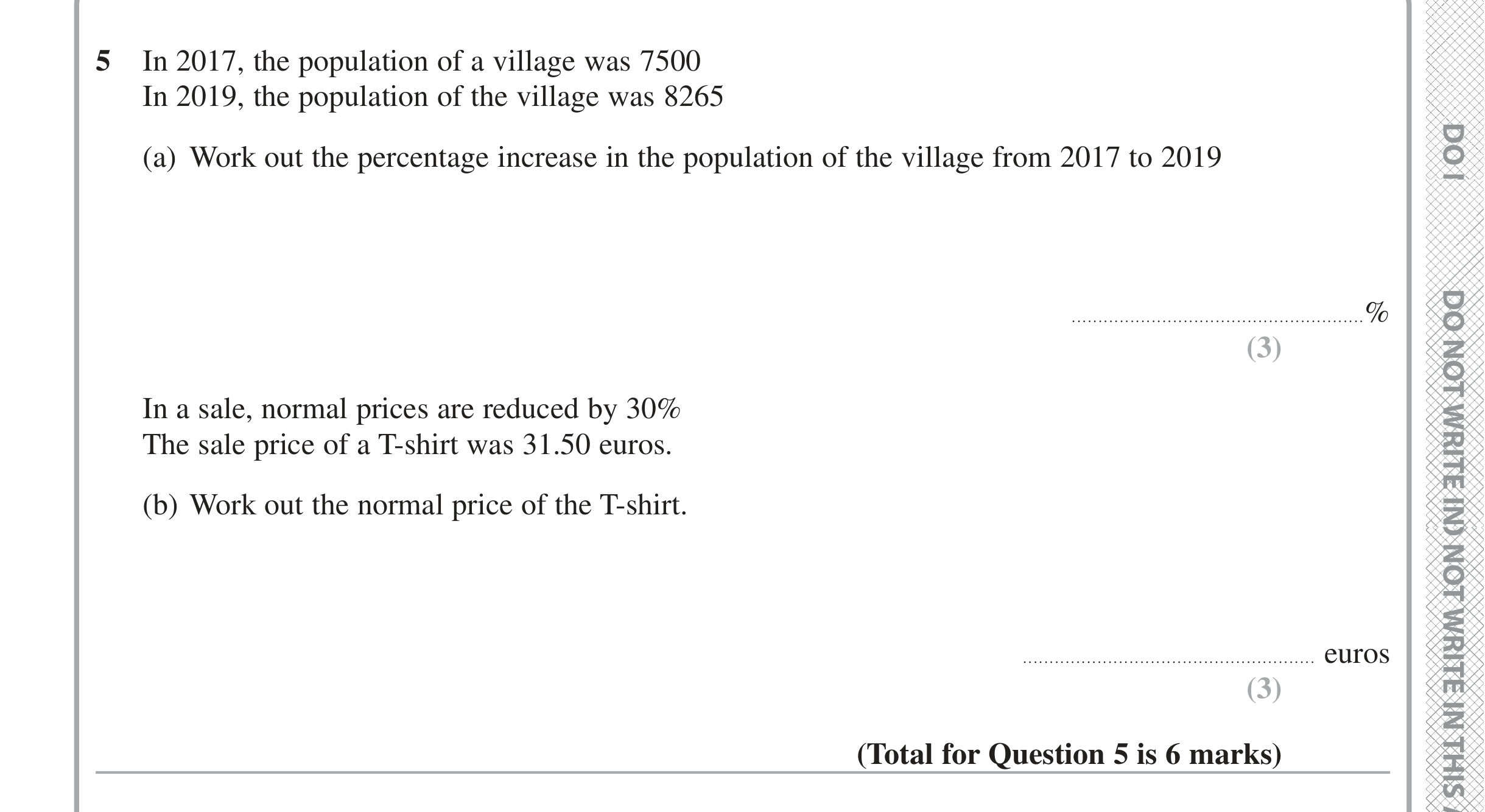 Question 5 — Percentages — Edexcel iGCSE June 2020