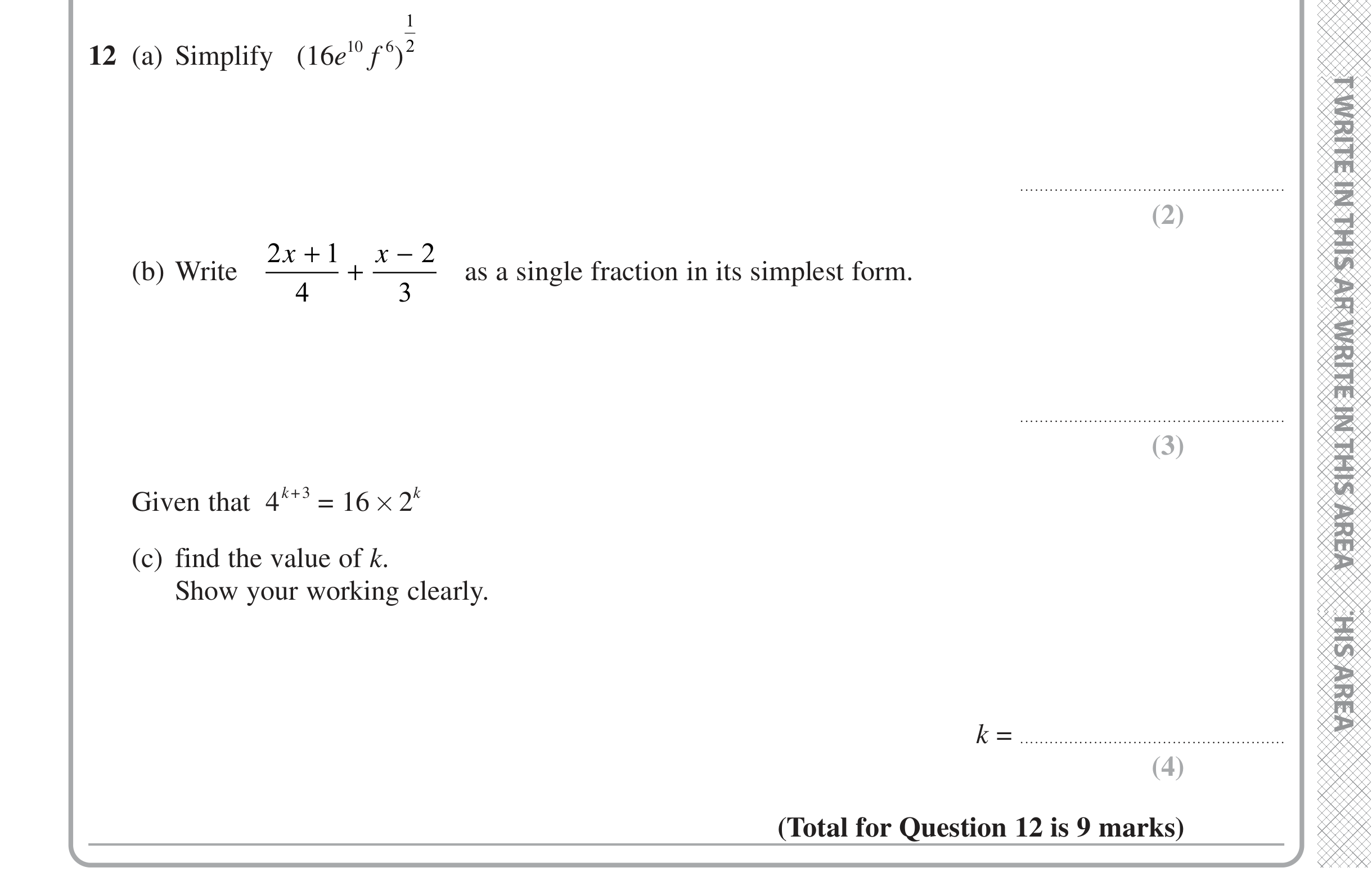 Question 12 — Powers, Algebra Fractions, Powers — Edexcel iGCSE Jan 2021