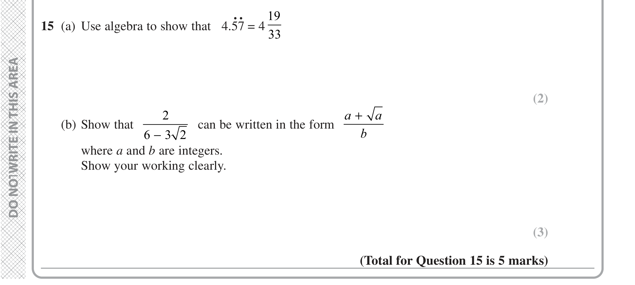 Question 15 — Recurring Decimal to Fraction, Surds — Edexcel iGCSE Jan 2021