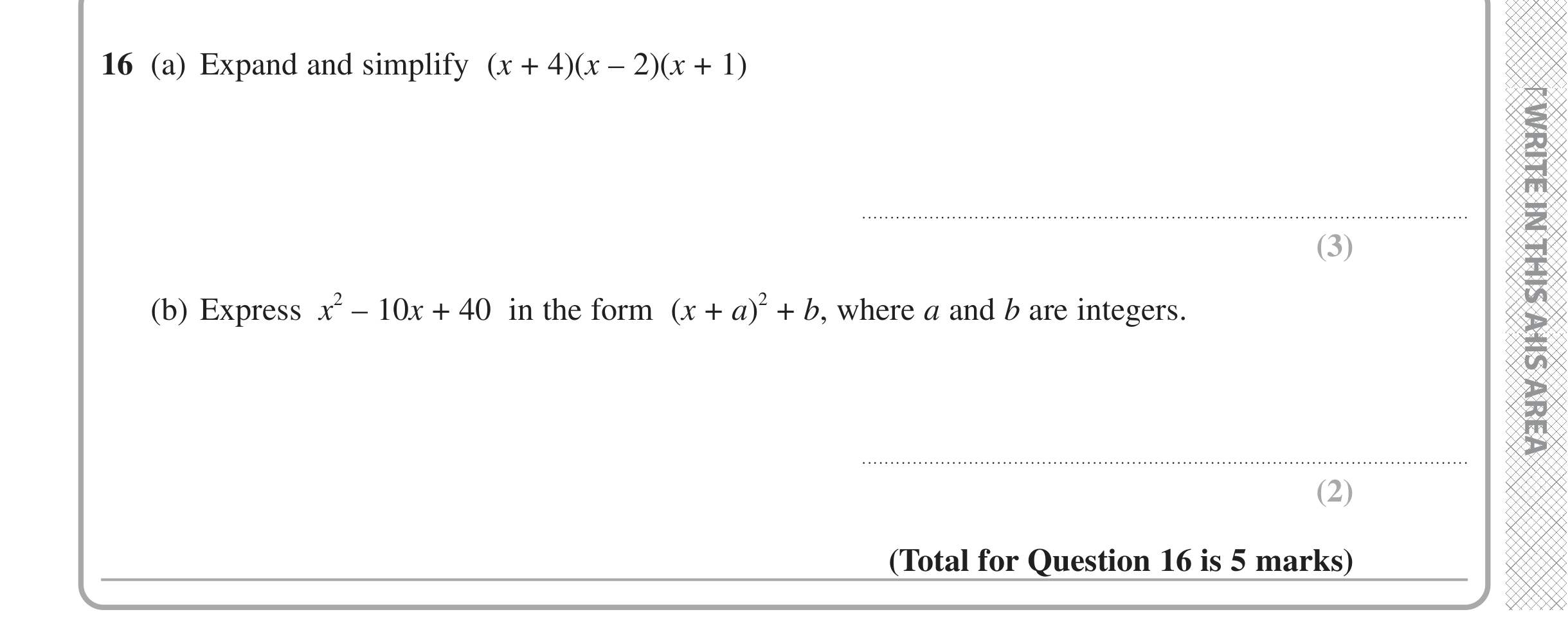 Question 16 — Algebra (Expand/Simplify/Factorise), Quadratic Equations — Edexcel iGCSE Jan 2021