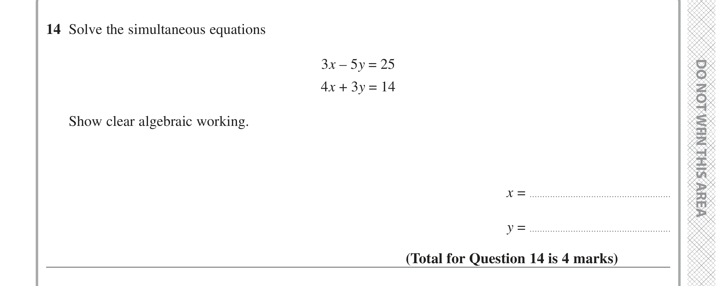 Question 14 — Simultaneous Equations — Edexcel iGCSE June 2022