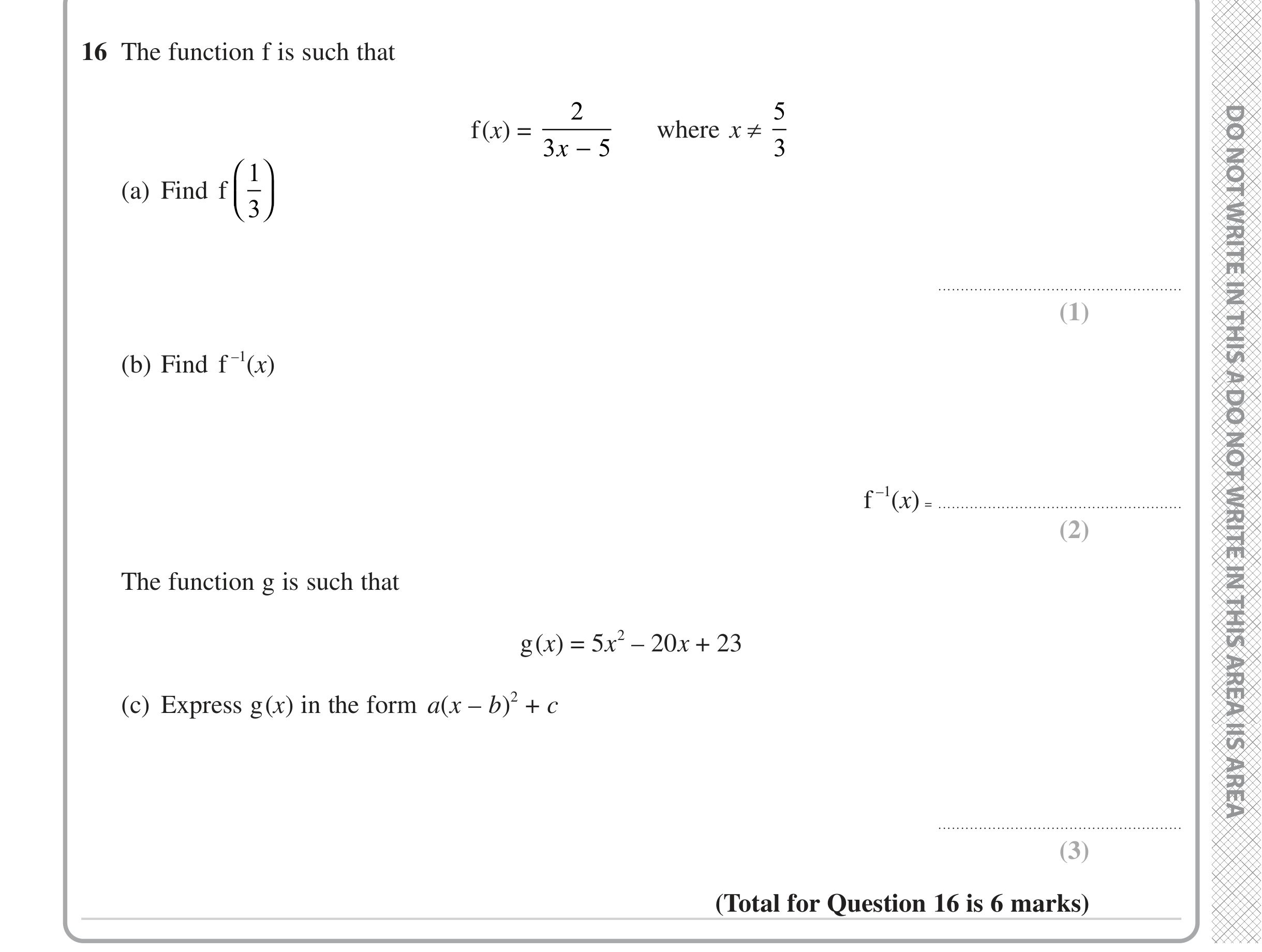 Question 16 — Functions, Quadratic Equations — Edexcel iGCSE Jan 2023