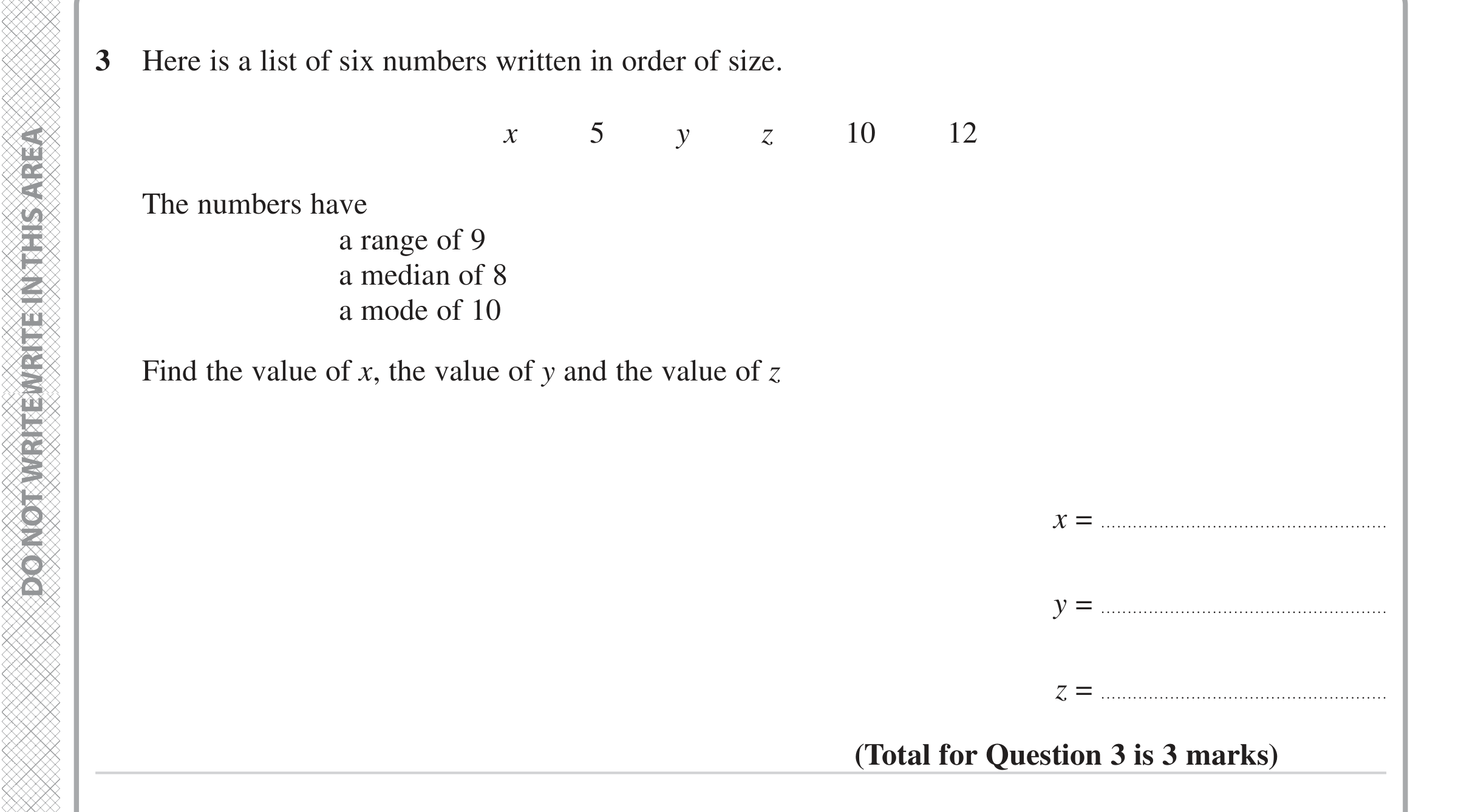 Question 3 — Mean/Median/Mode/Range — Edexcel iGCSE Jan 2023