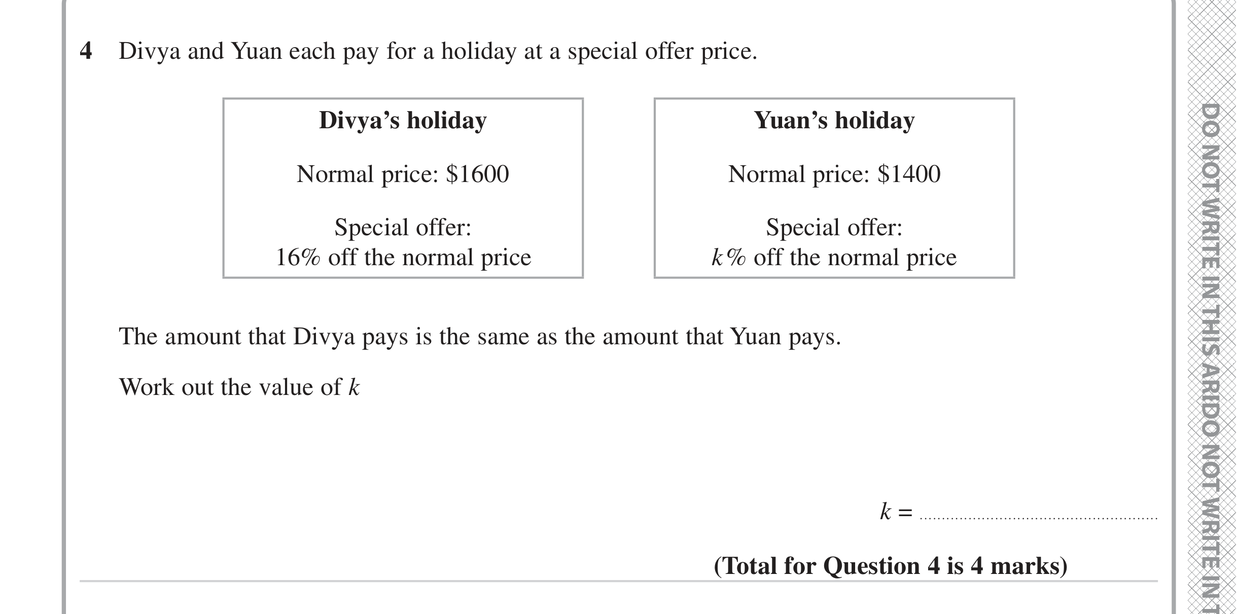 Question 4 — Money Problems, Percentages — Edexcel iGCSE Jan 2023