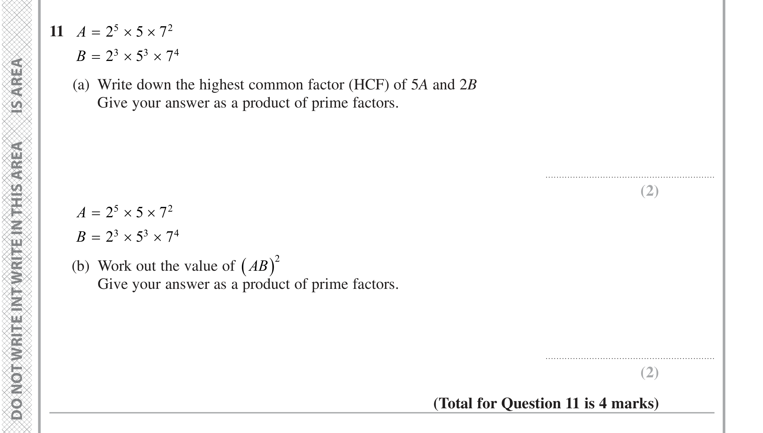 Question 11 — HCF and LCM, Prime Factors — Edexcel iGCSE June 2024