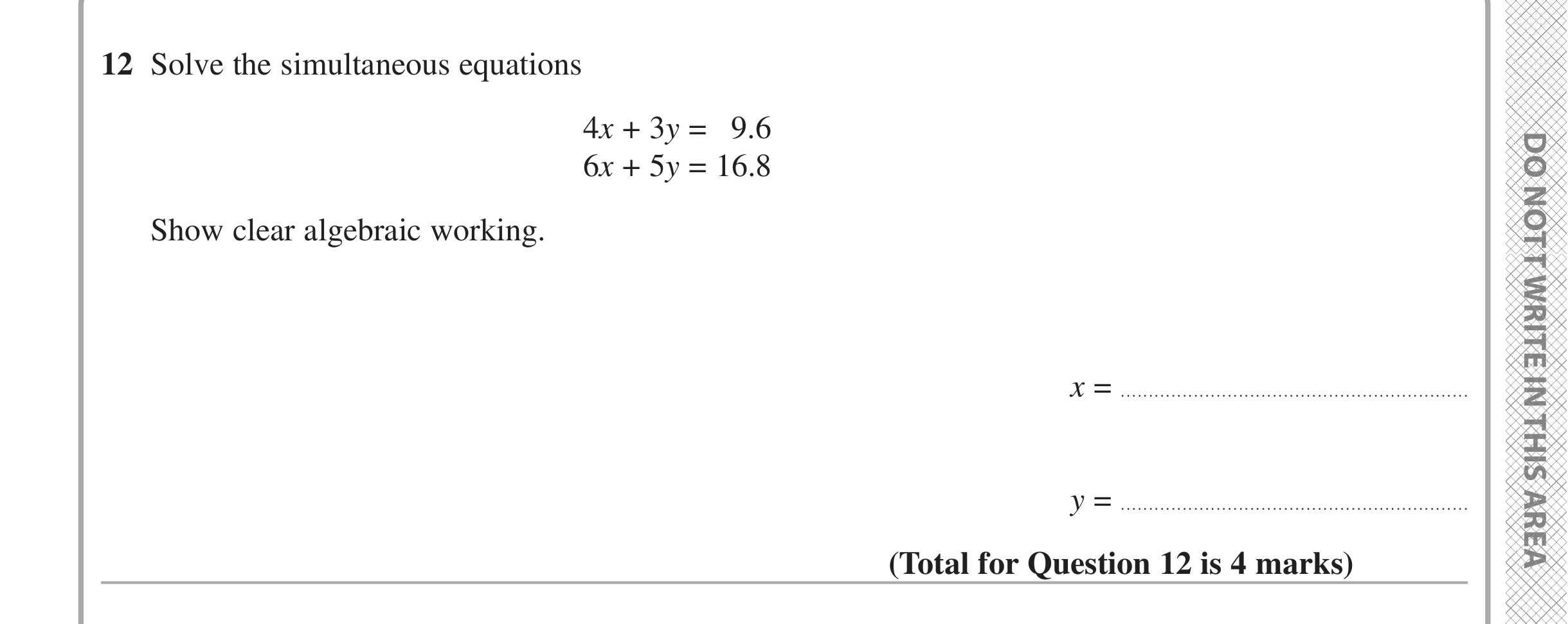 Question 12 — Simultaneous Equations — Edexcel iGCSE June 2024
