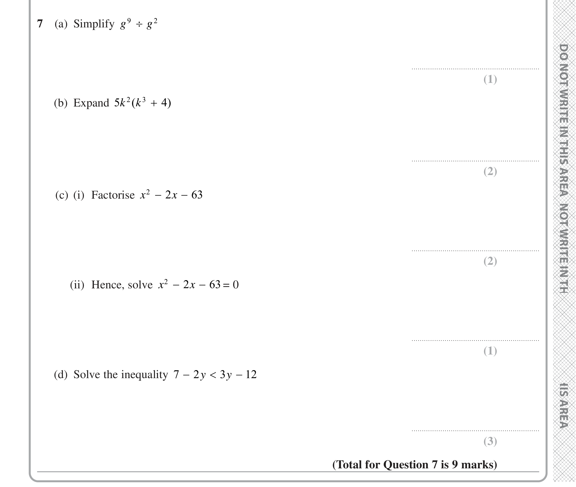 Question 7 — Powers, Factorise/Expand/Simplify, Quadratic Equations, Inequalities — Edexcel iGCSE June 2024