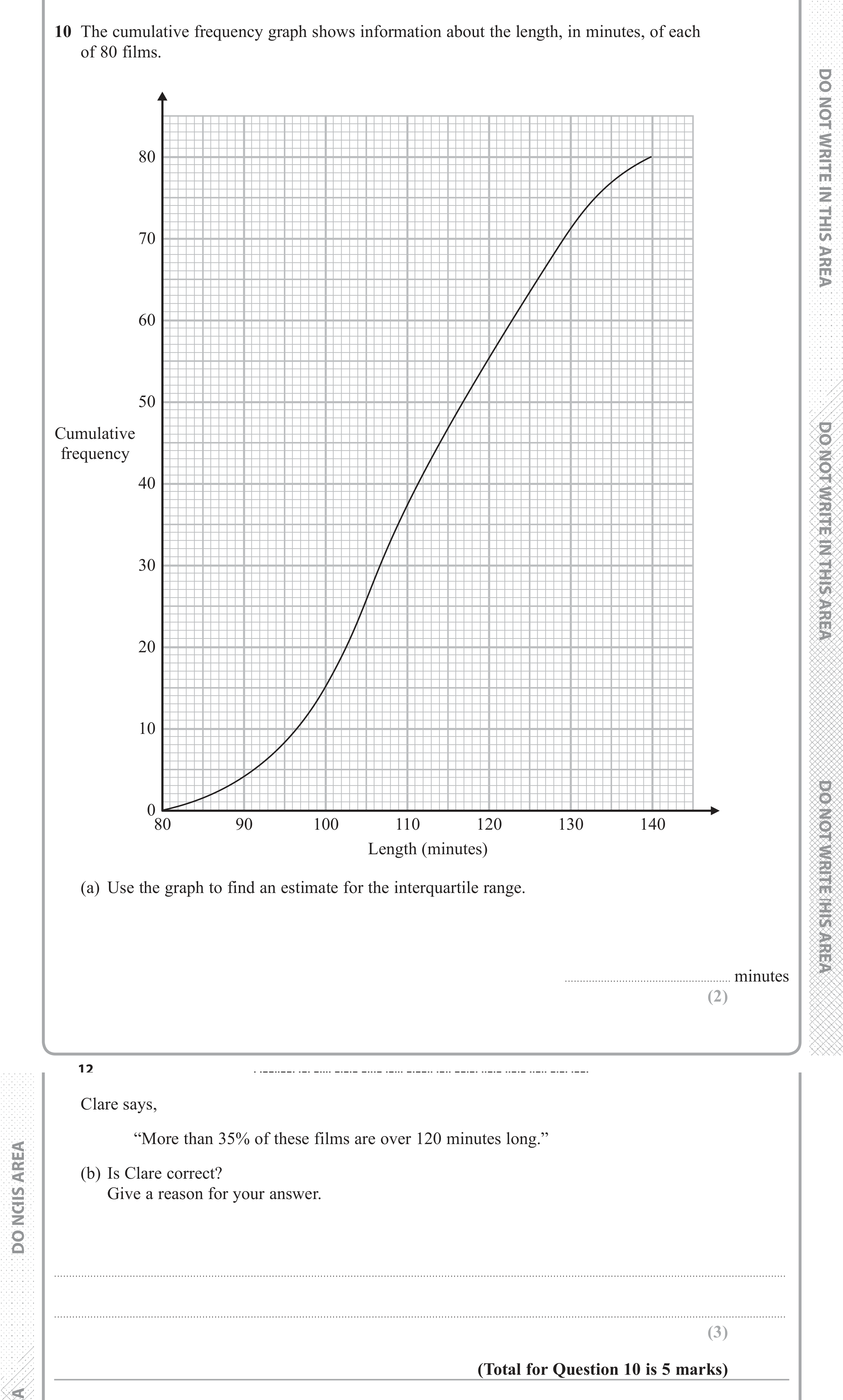Question 10 — Cumulative Frequency — Edexcel iGCSE June 2018
