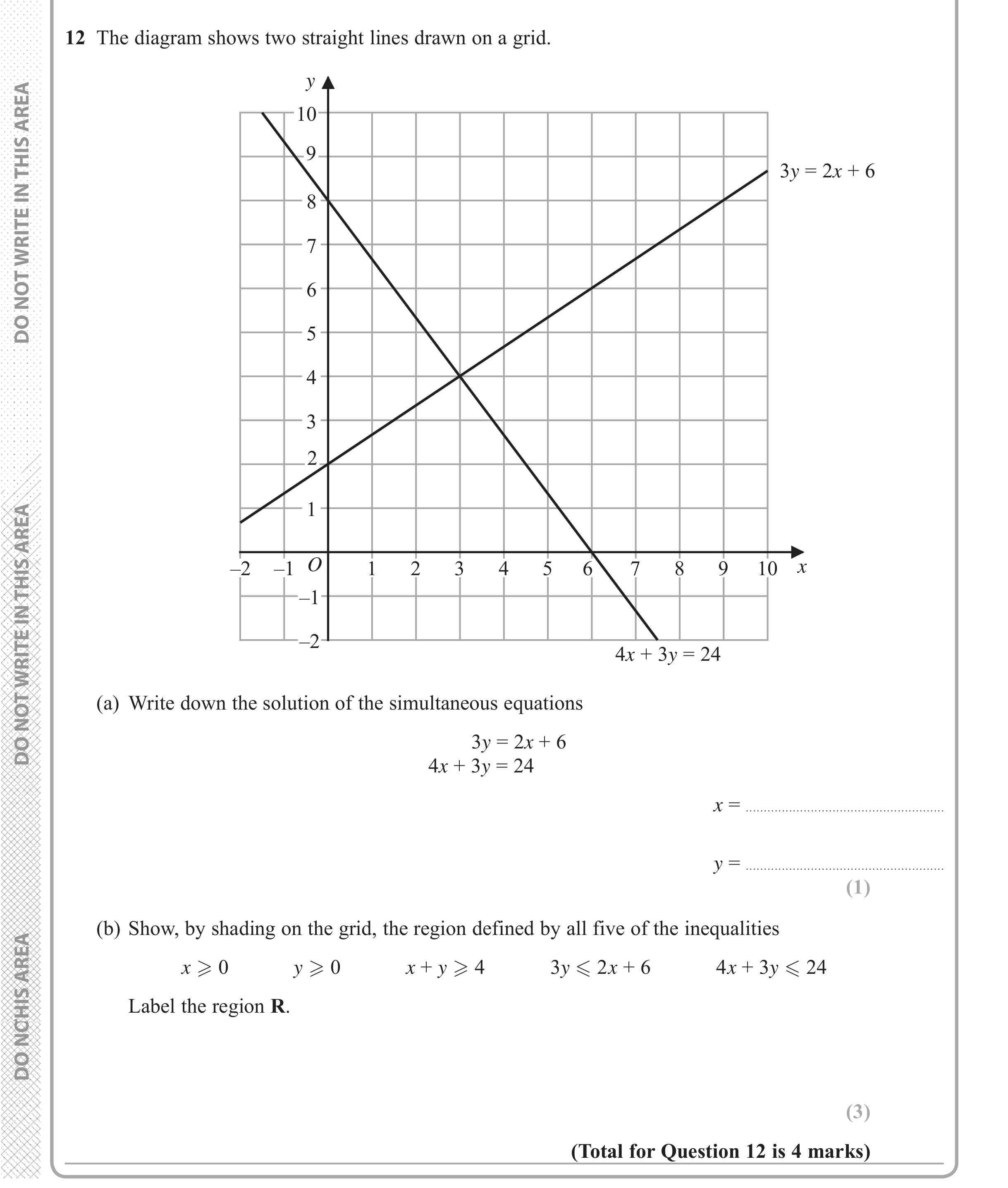 Question 12 — Simultaneous Equations, Inequalities — Edexcel iGCSE June 2018