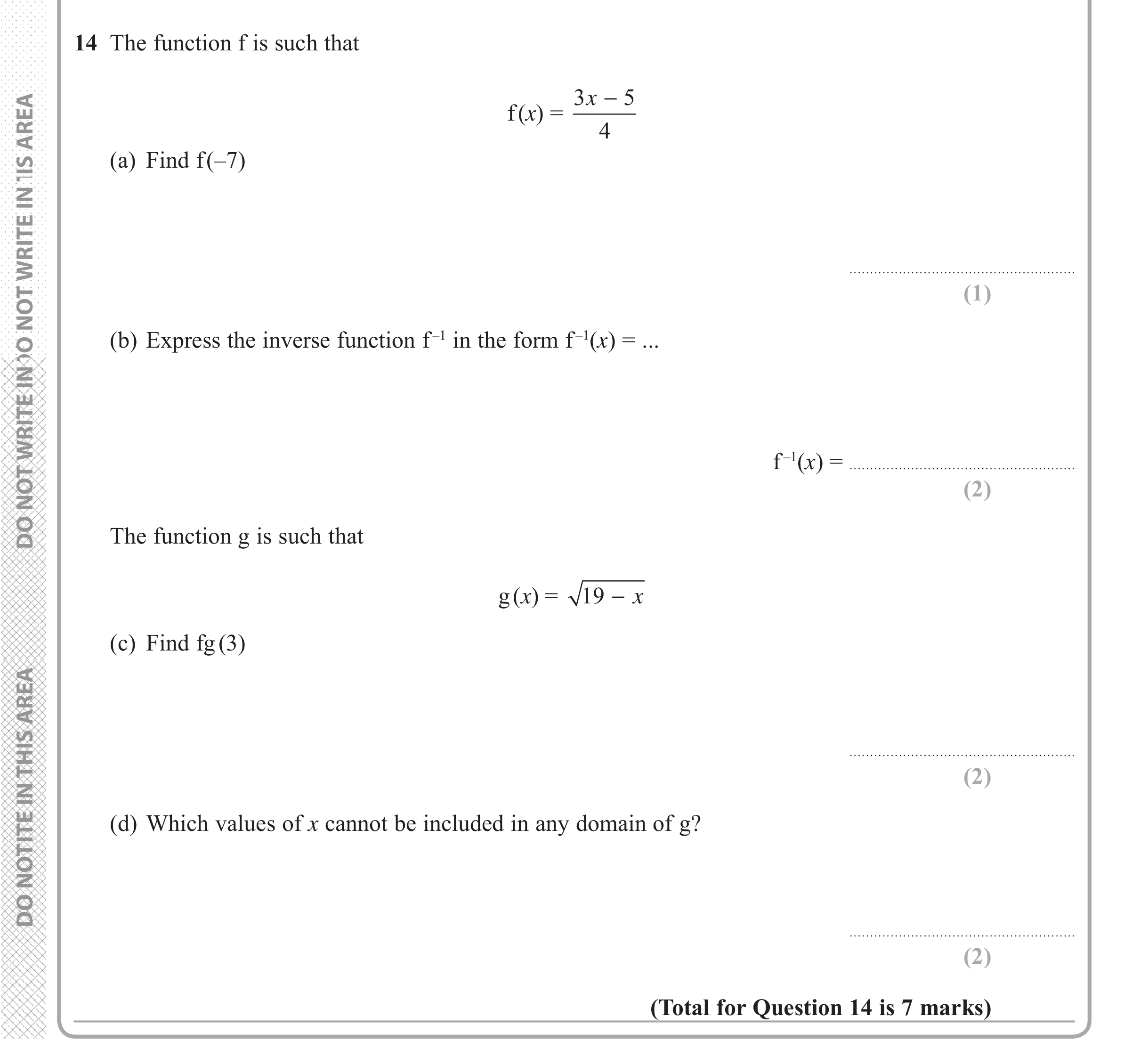 Question 14 — Functions — Edexcel iGCSE June 2018