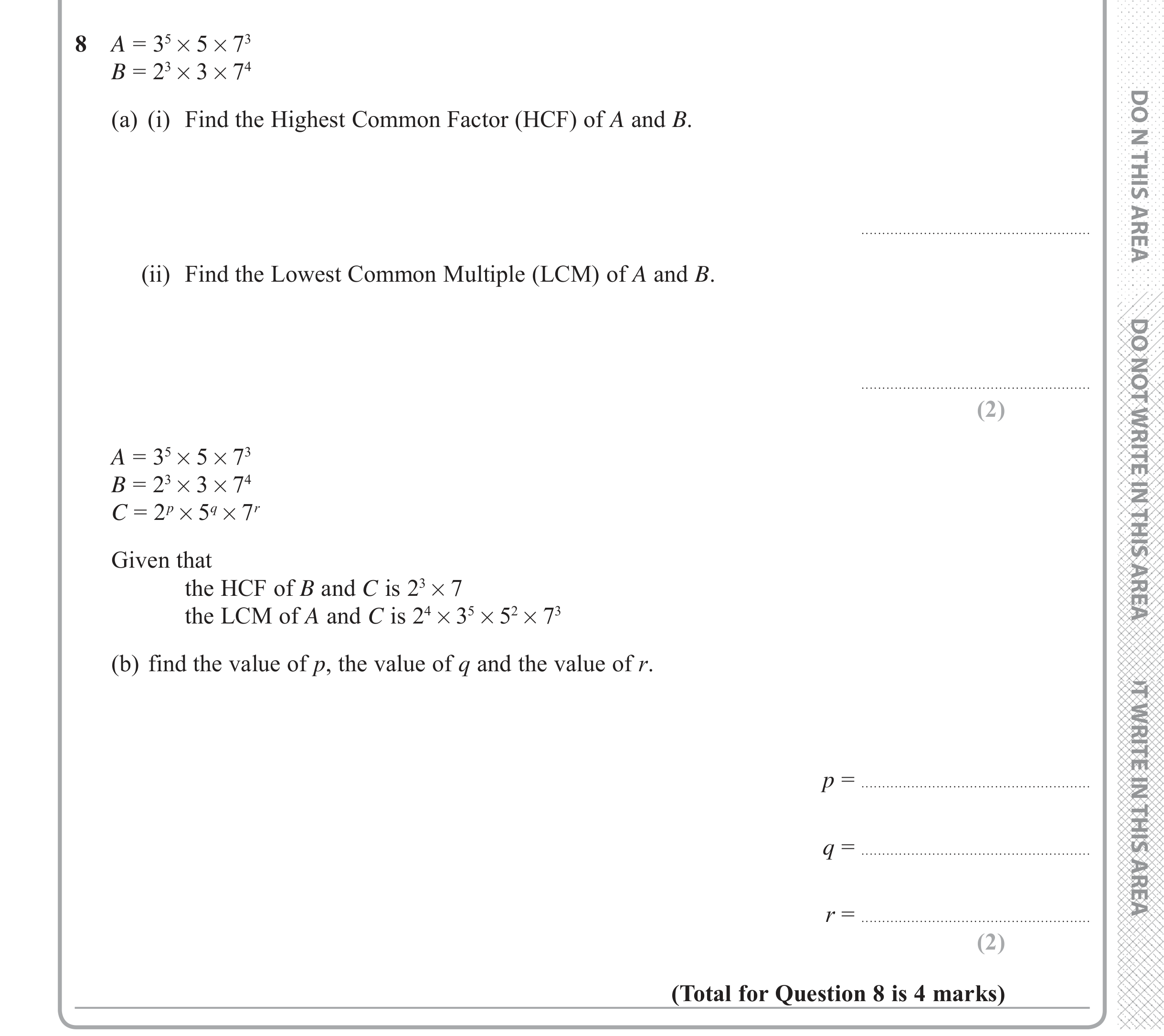 Question 8 — HCF and LCM — Edexcel iGCSE June 2018