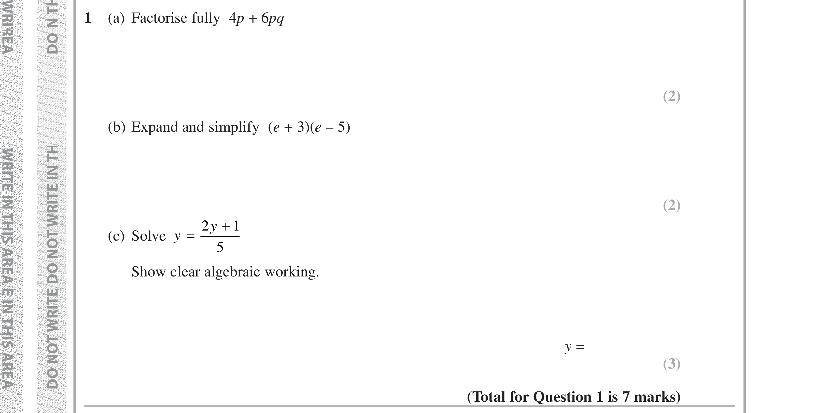 Question 1 — Factorise/Expand/Simplify, Linear Equations — Edexcel iGCSE Jan 2019