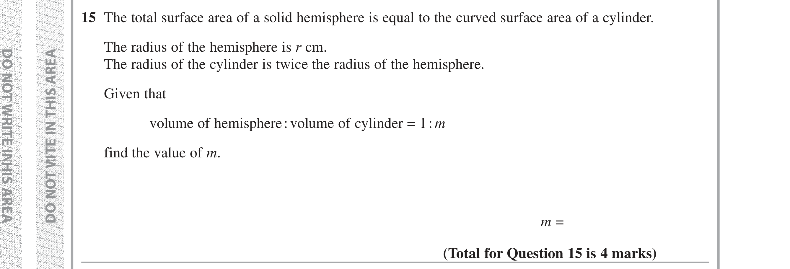 Question 15 — Surface Area, 3D Shapes and Volume — Edexcel iGCSE Jan 2019
