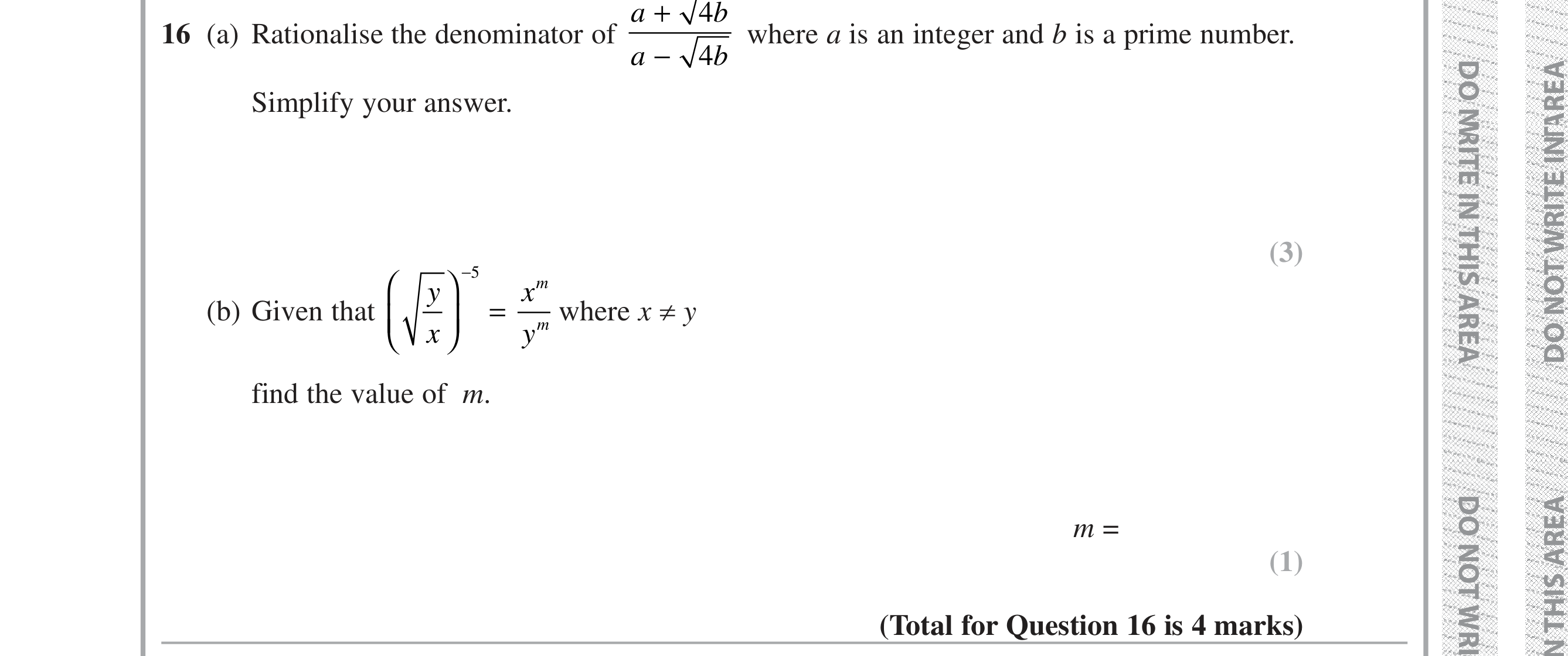 Question 16 — Surds, Powers — Edexcel iGCSE Jan 2019