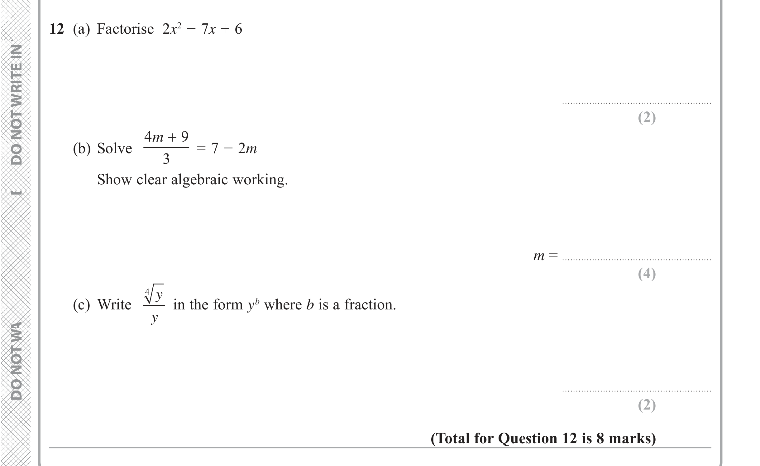 Question 12 — Factorise/Expand/Simplify, Linear Equations, Powers and Roots — Edexcel iGCSE June 2019