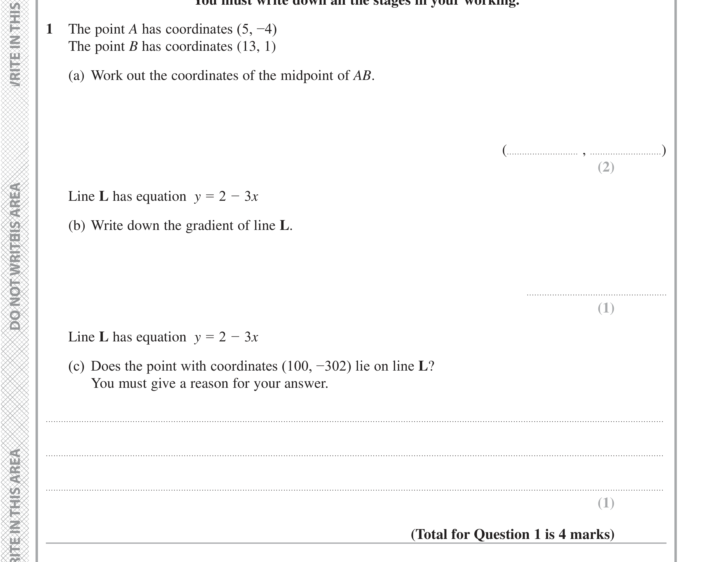 Question 1 — Straight Line Graphs — Edexcel iGCSE Jan 2020
