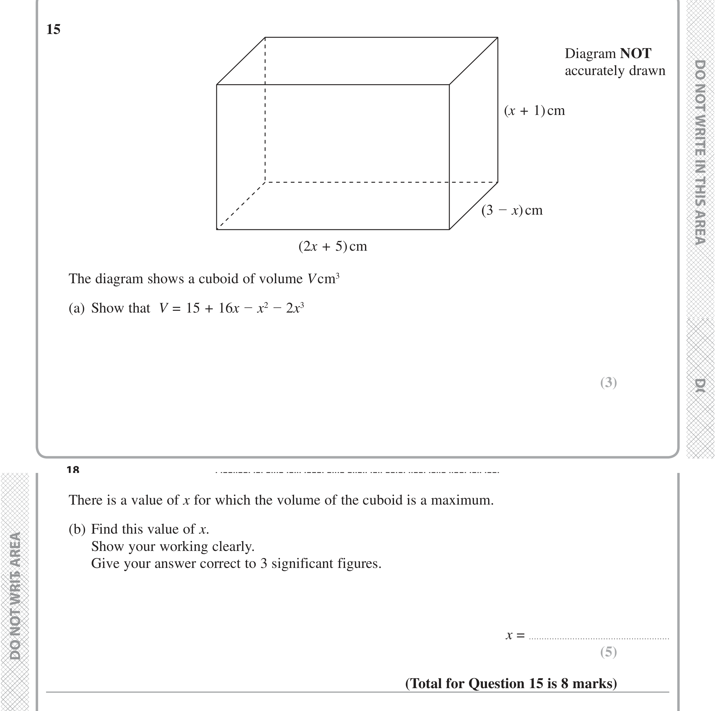 Question 15 — Differentiation, 3D Shapes and Volume — Edexcel iGCSE Jan 2020
