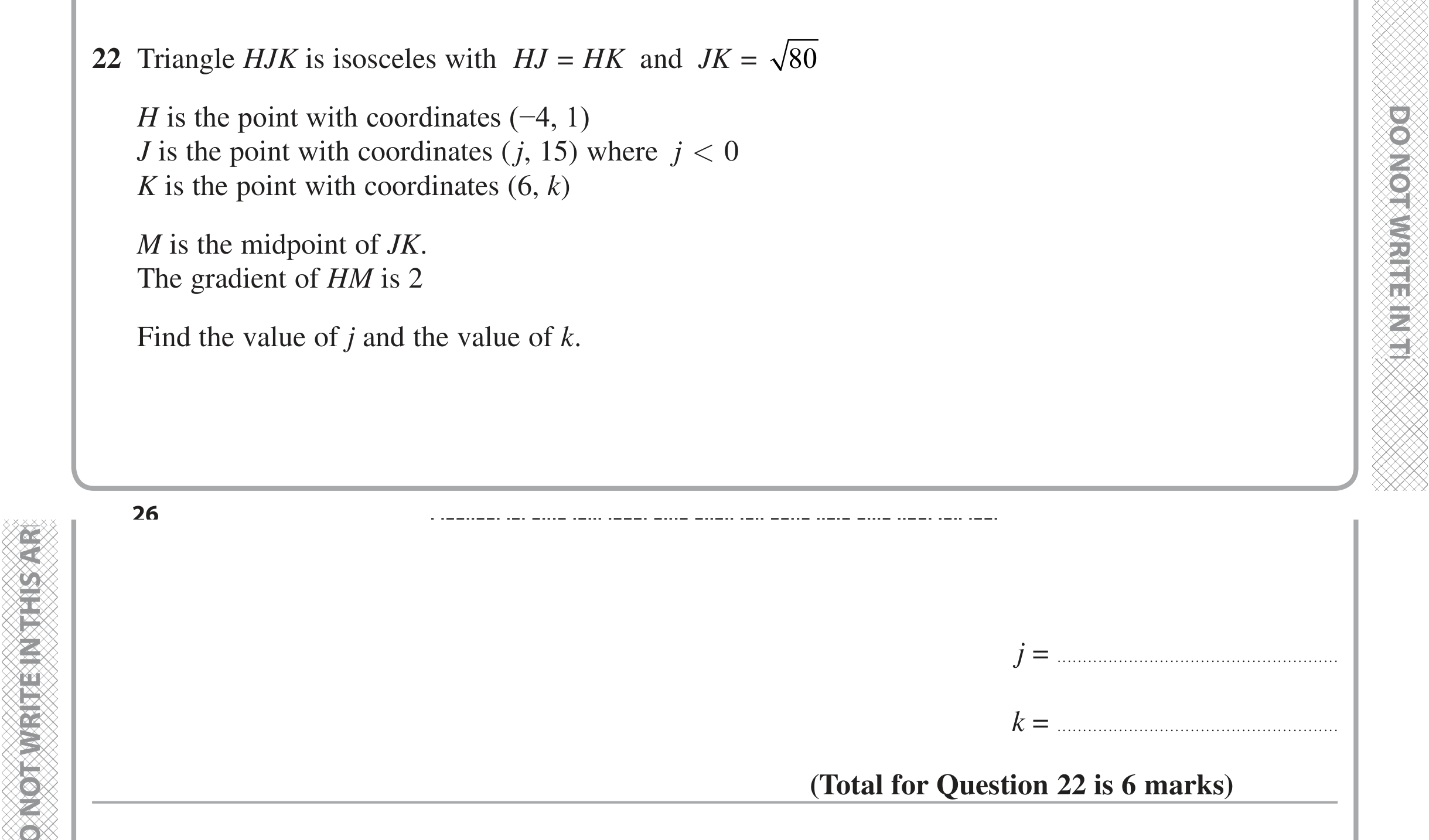 Question 22 — Coordinates, Midpoints, Straight Line Graphs, Distance Between Points — Edexcel iGCSE Jan 2020