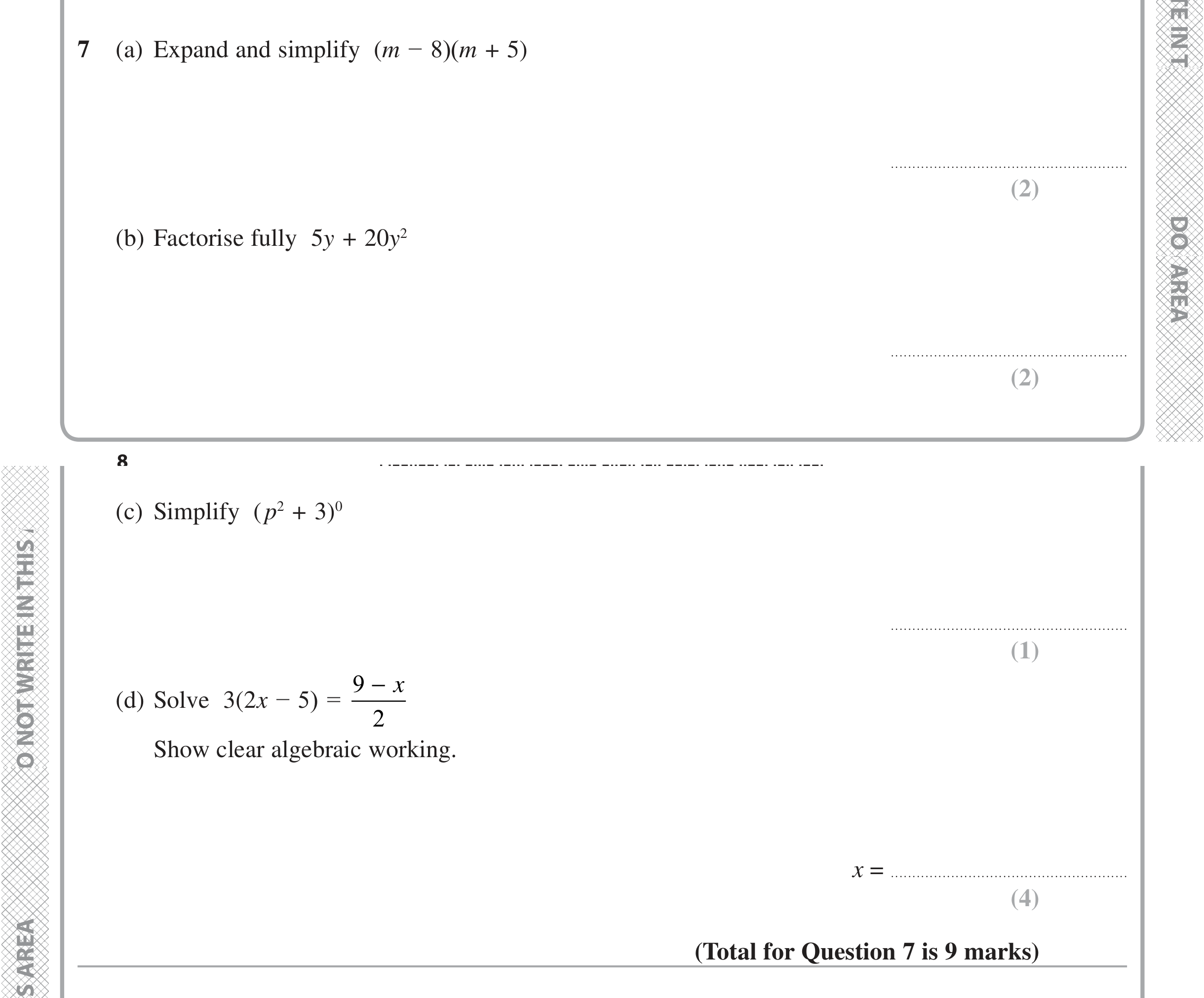 Question 7 — Factorise/Expand/Simplify, Powers, Linear Equations — Edexcel iGCSE Jan 2020