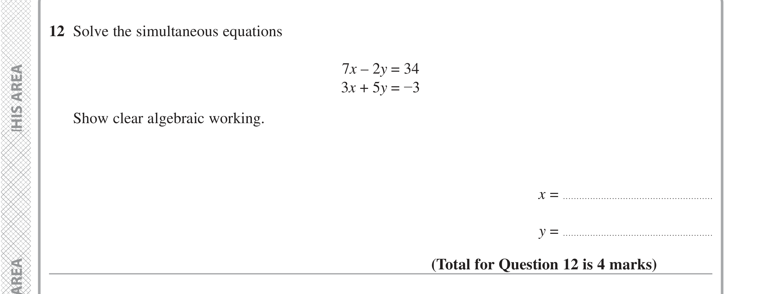 Question 12 — Simultaneous Equations — Edexcel iGCSE June 2020
