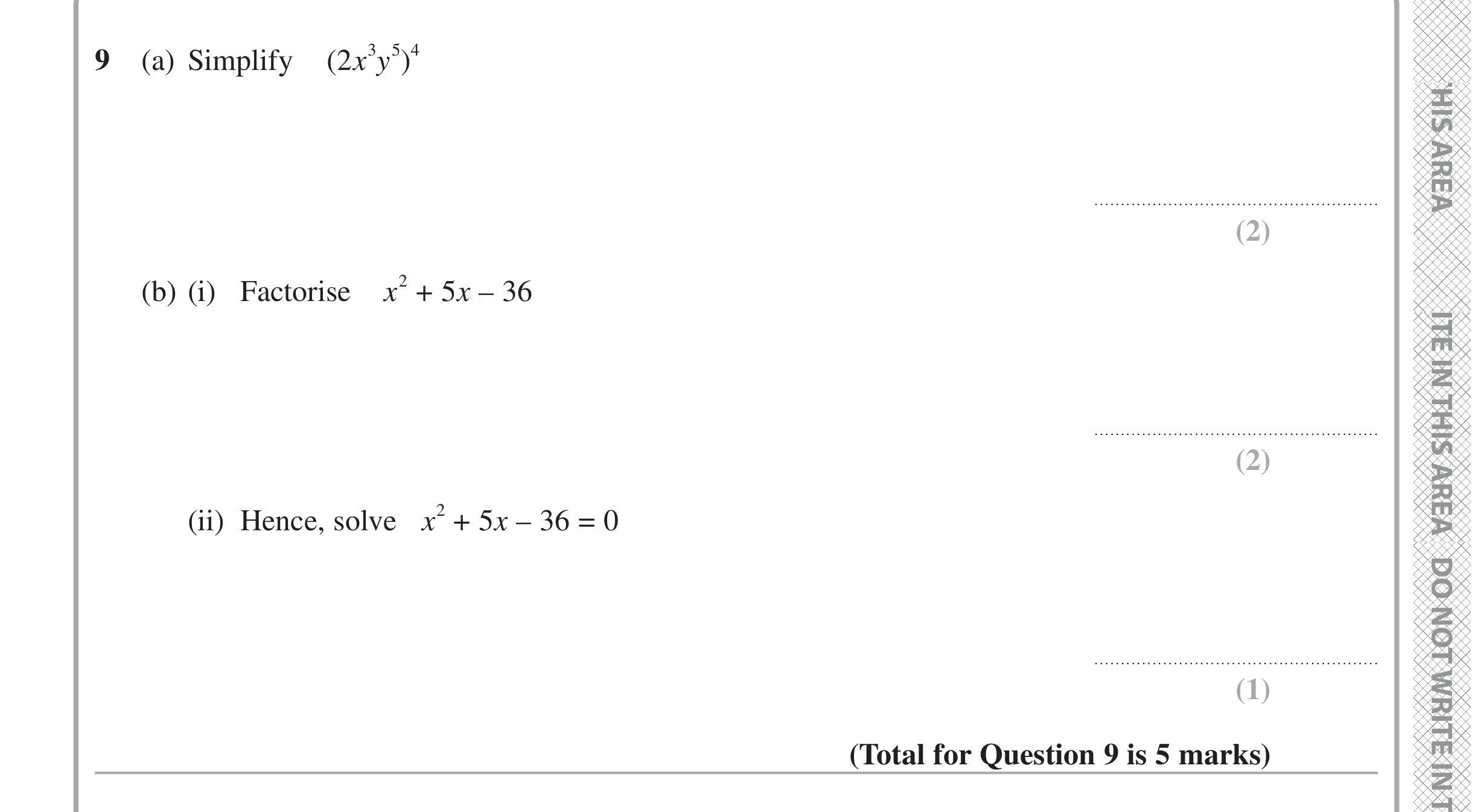 Question 9 — Powers, Quadratic Equations, Factorise/Expand/Simplify — Edexcel iGCSE Jan 2021