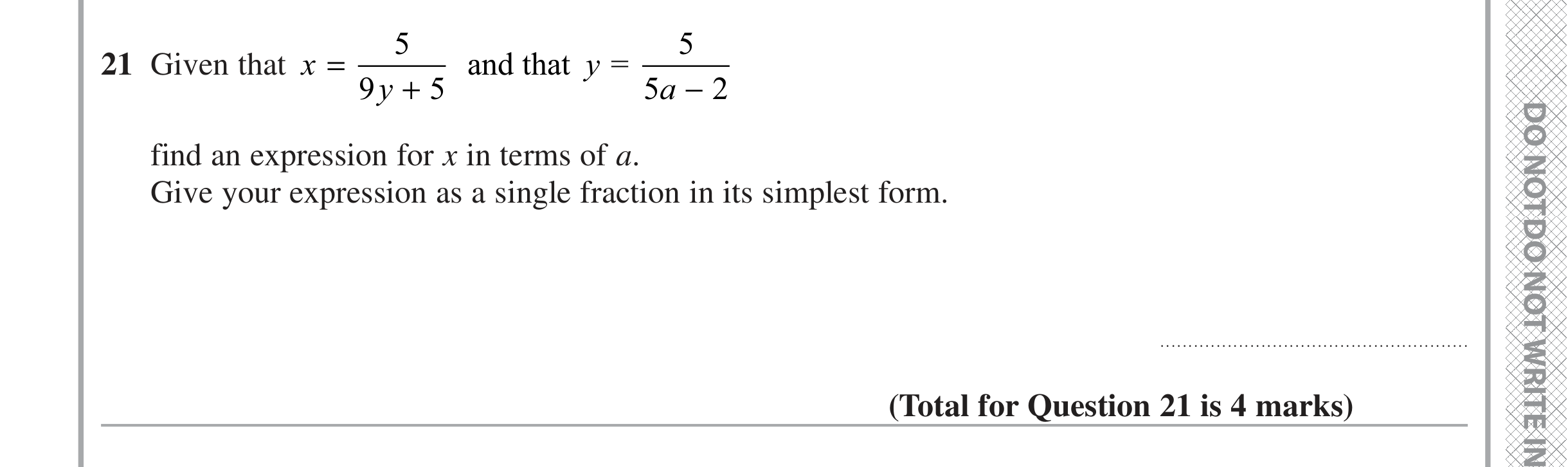 Question 21 — Algebra Fractions — Edexcel iGCSE June 2021
