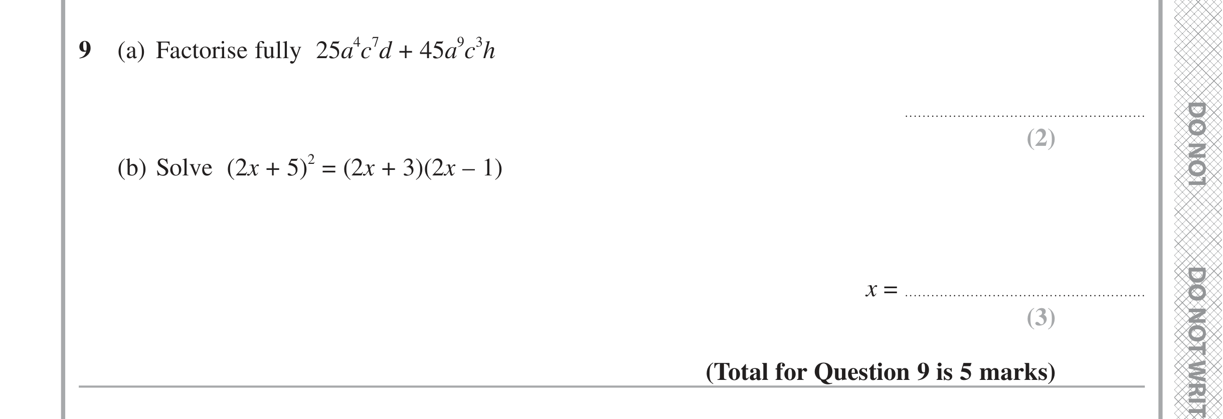 Question 9 — Factorise/Expand/Simplify, Quadratic Equations — Edexcel iGCSE June 2021