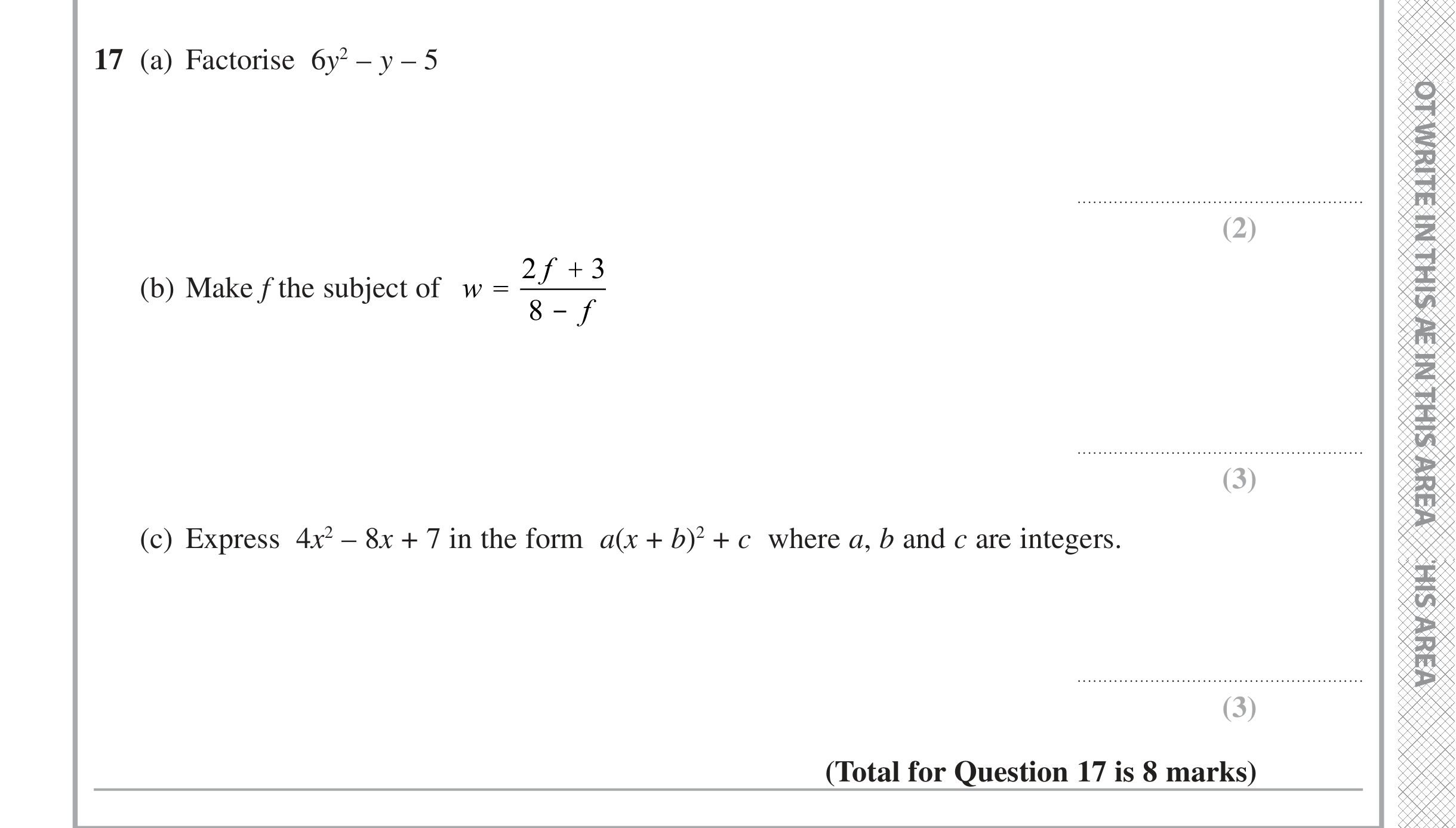 Question 17 — Factorise/Expand/Simplify, Formulae, Quadratic Equations — Edexcel iGCSE November 2021