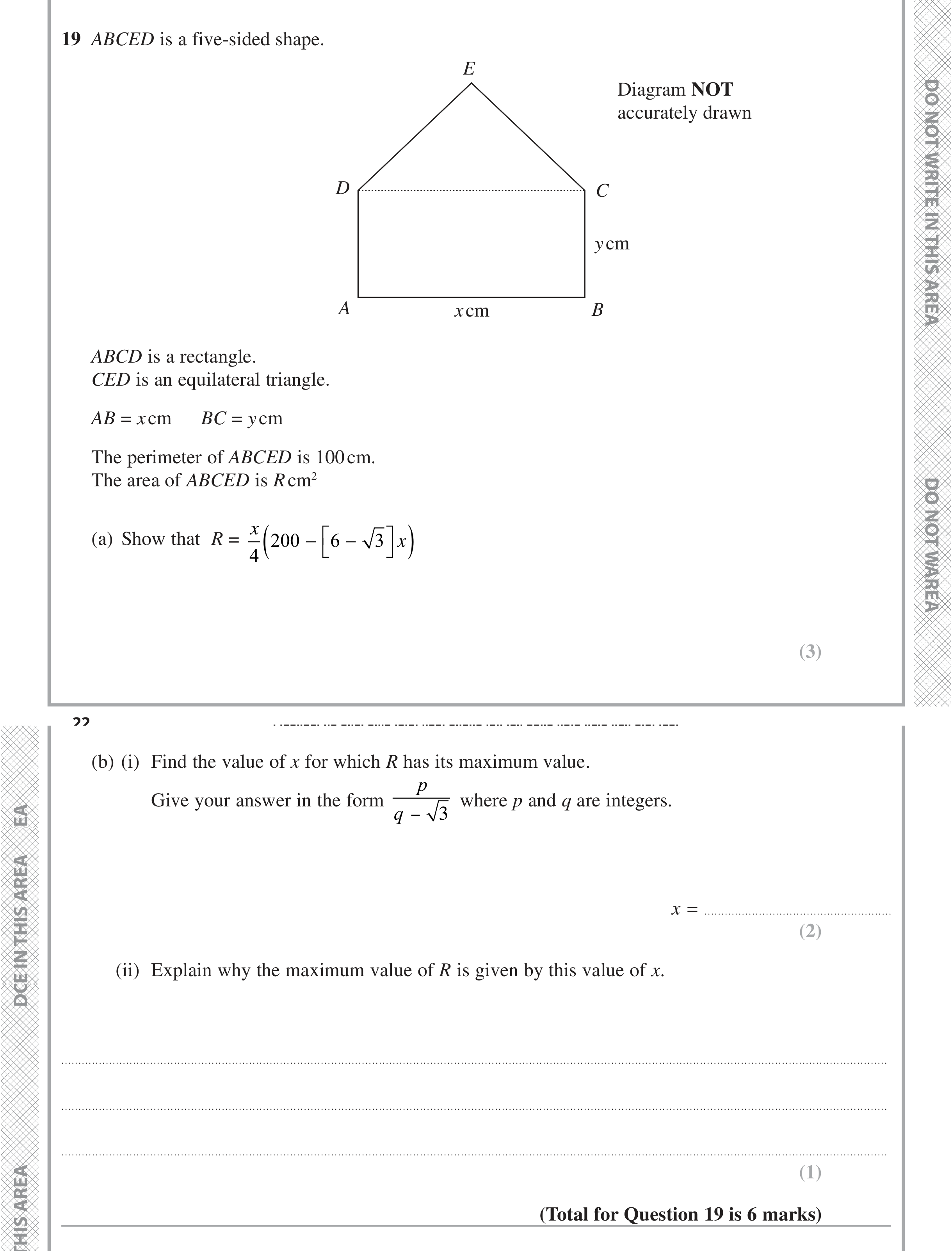 Question 19 — Perimeter and Area, Triangles, Differentiation — Edexcel iGCSE November 2021