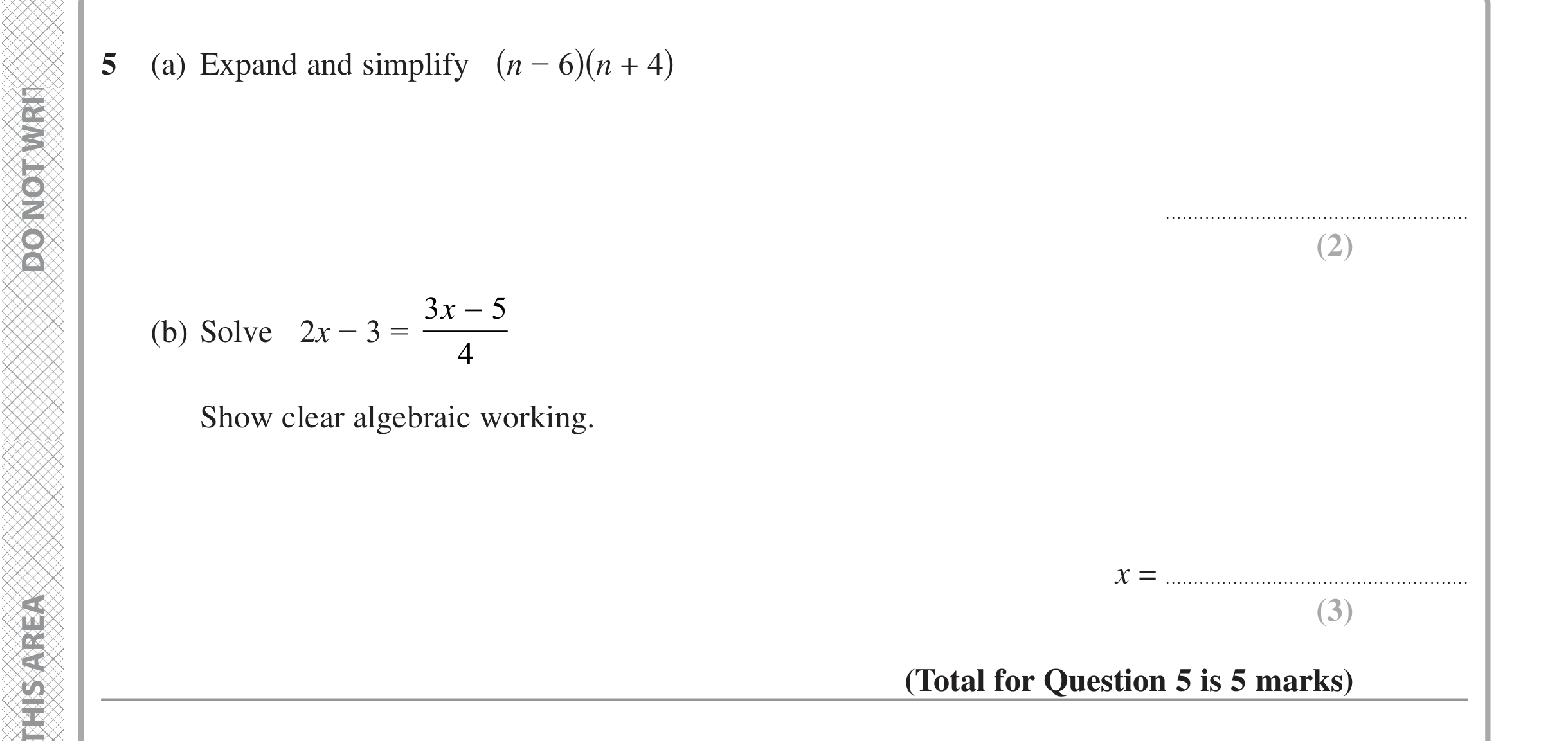 Question 5 — Algebra (Expand/Simplify/Factorise), Linear Equations — Edexcel iGCSE June 2022