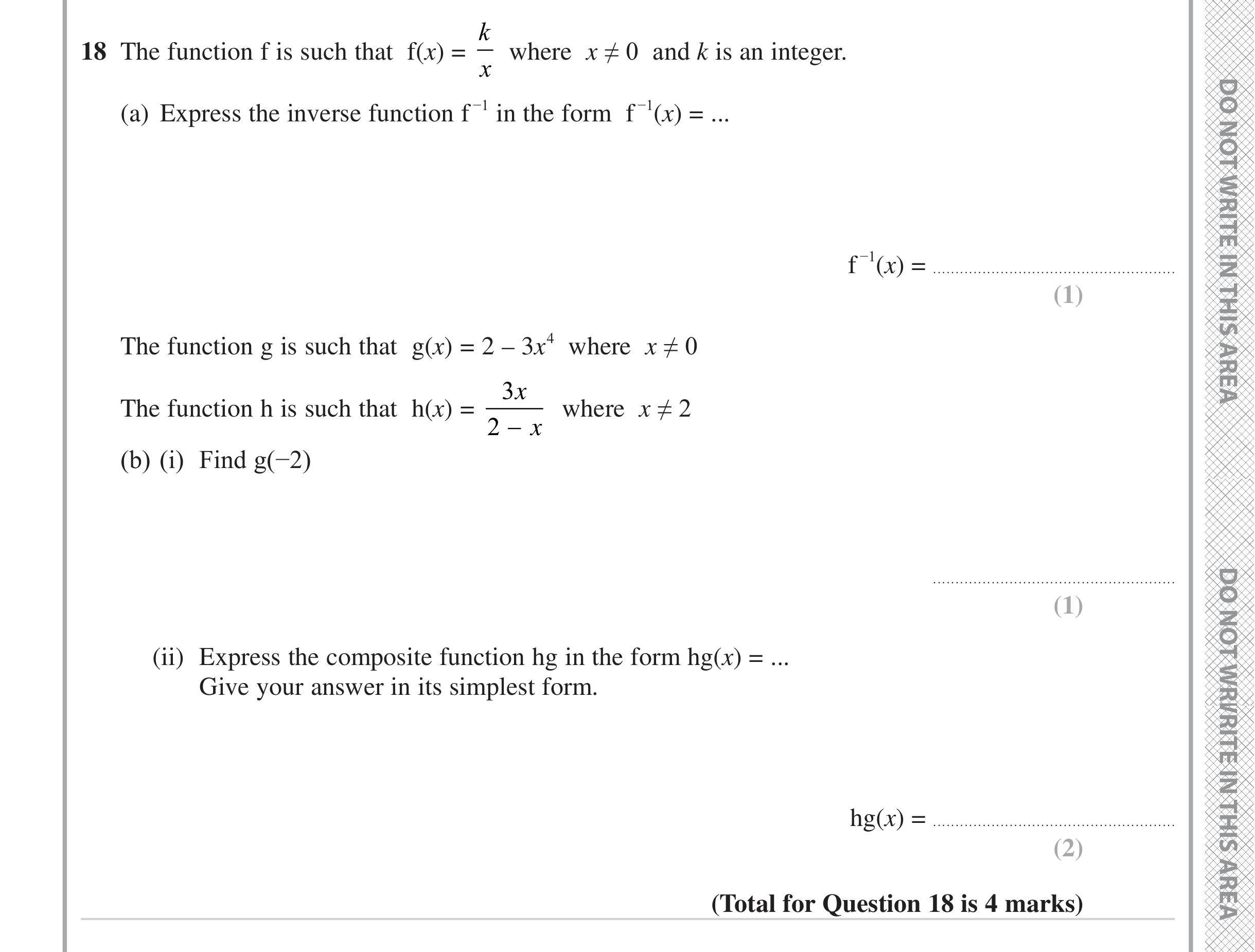 Question 18 — Functions — Edexcel iGCSE Jan 2023