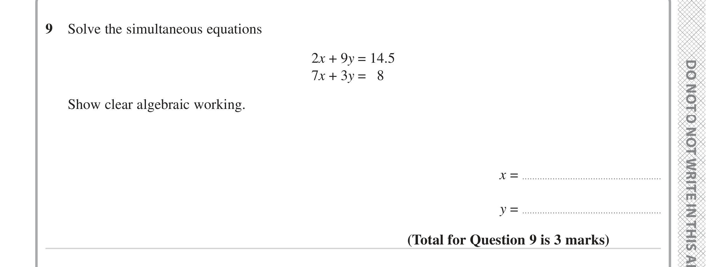 Question 9 — Simultaneous Equations — Edexcel iGCSE June 2023