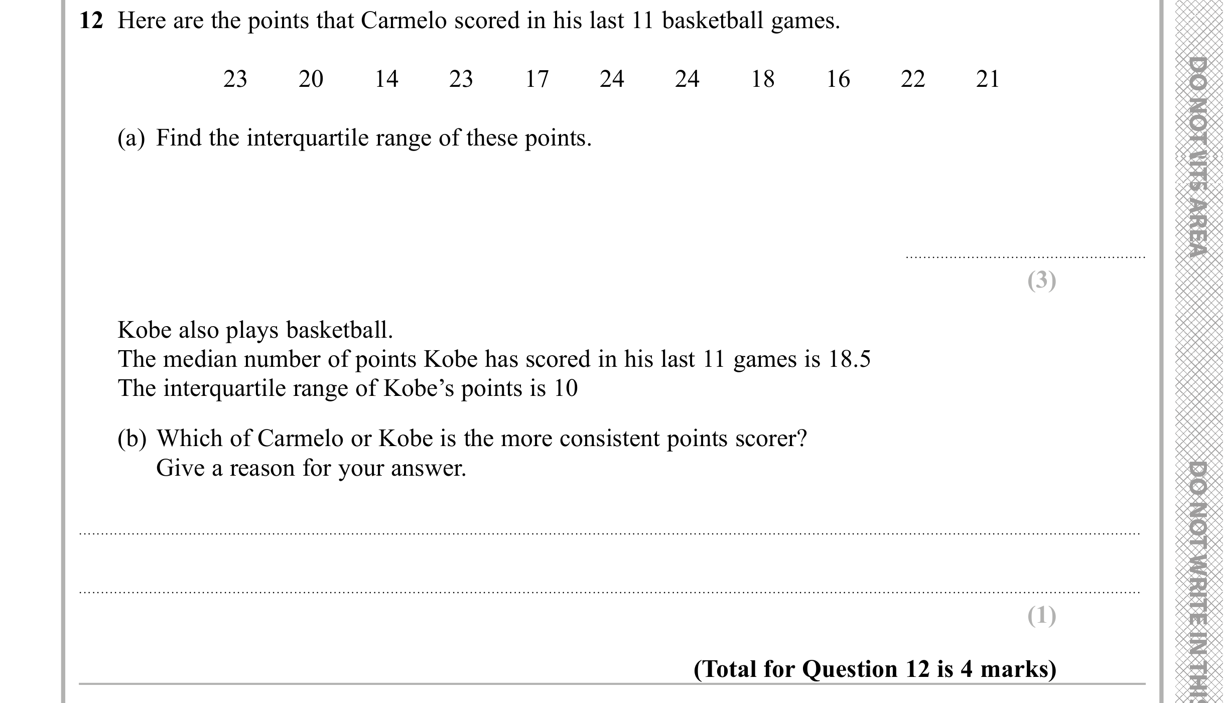 Question 12 — Mean/Median/Mode/Range — Edexcel iGCSE Sample Paper