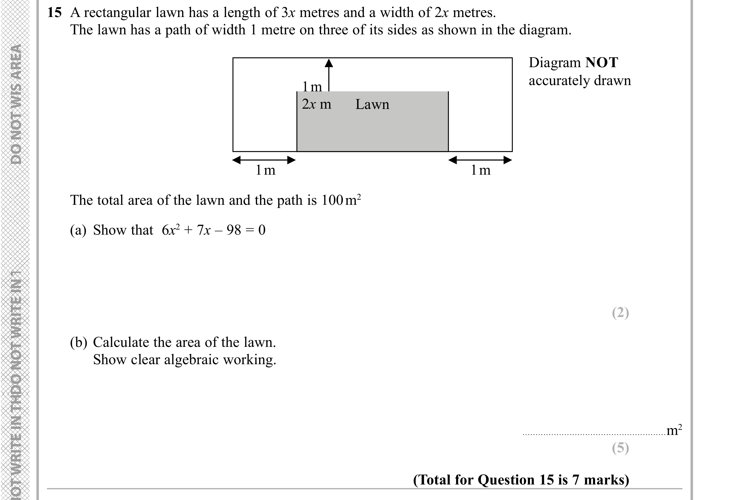 Question 15 — Perimeter and Area, Quadratic Equations — Edexcel iGCSE Sample Paper
