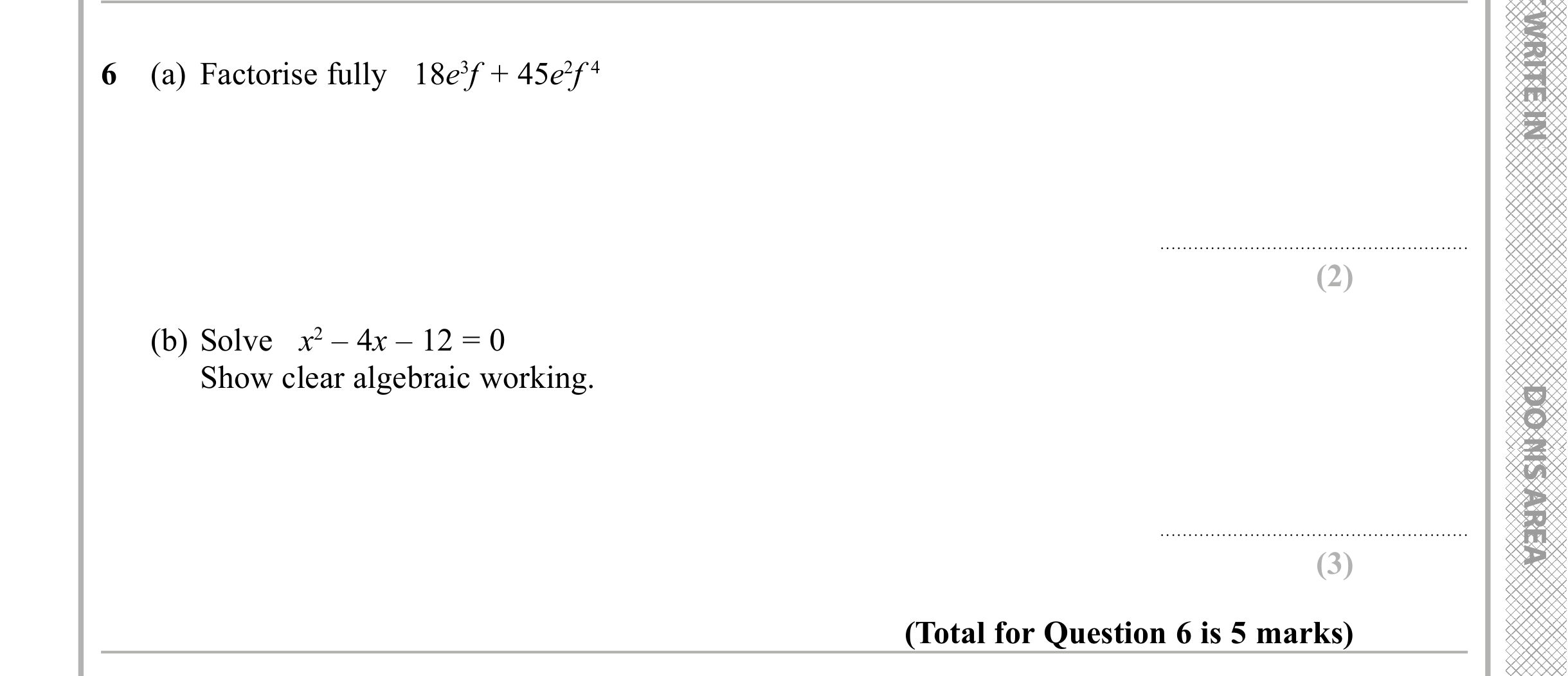 Question 6 — Factorise/Expand/Simplify, Quadratic Equations — Edexcel iGCSE Sample Paper