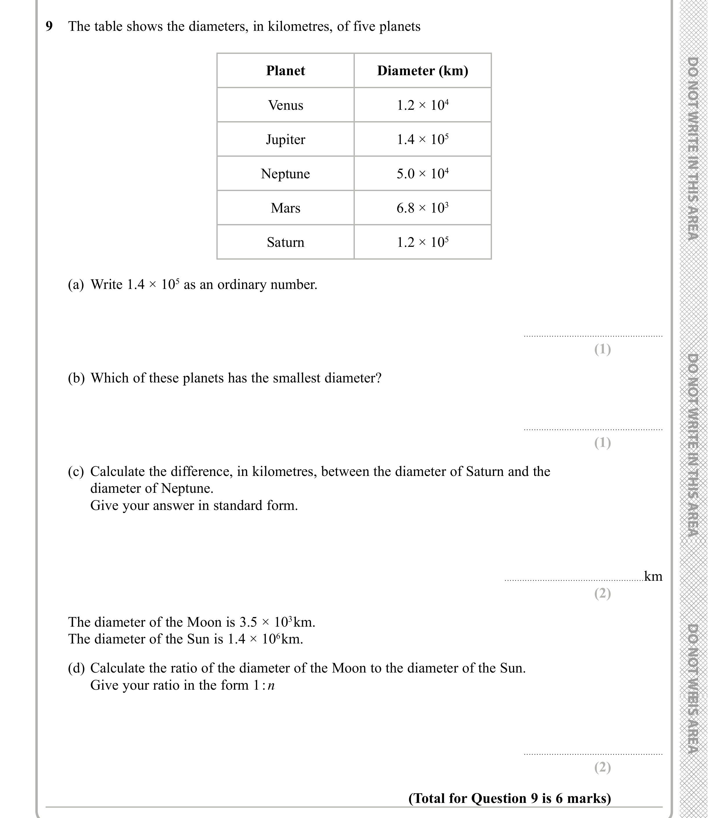 Question 9 — Standard Form, Ratios — Edexcel iGCSE Sample Paper