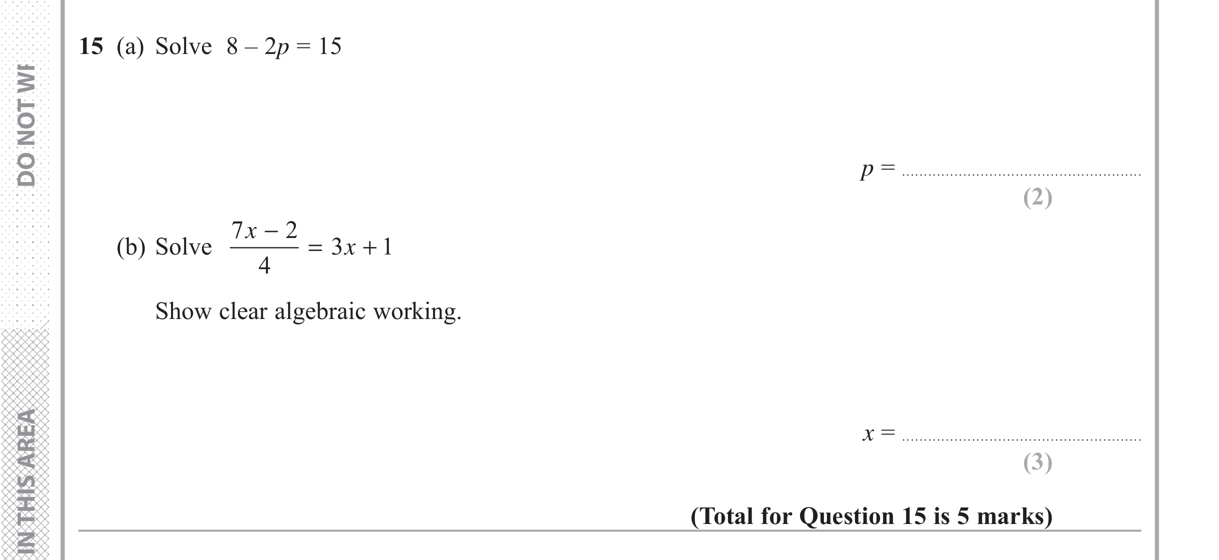 Question 15 — Linear Equations — Edexcel iGCSE June 2018