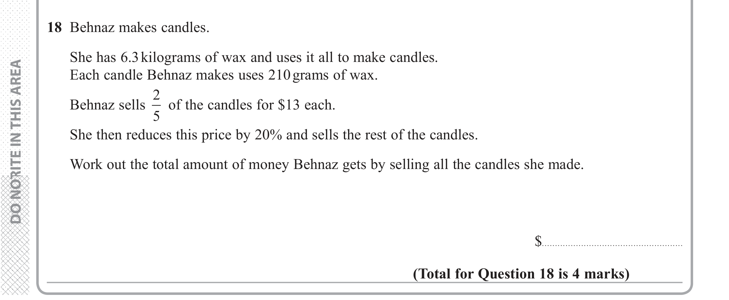 Question 18 — Fractions, Percentages — Edexcel iGCSE June 2018