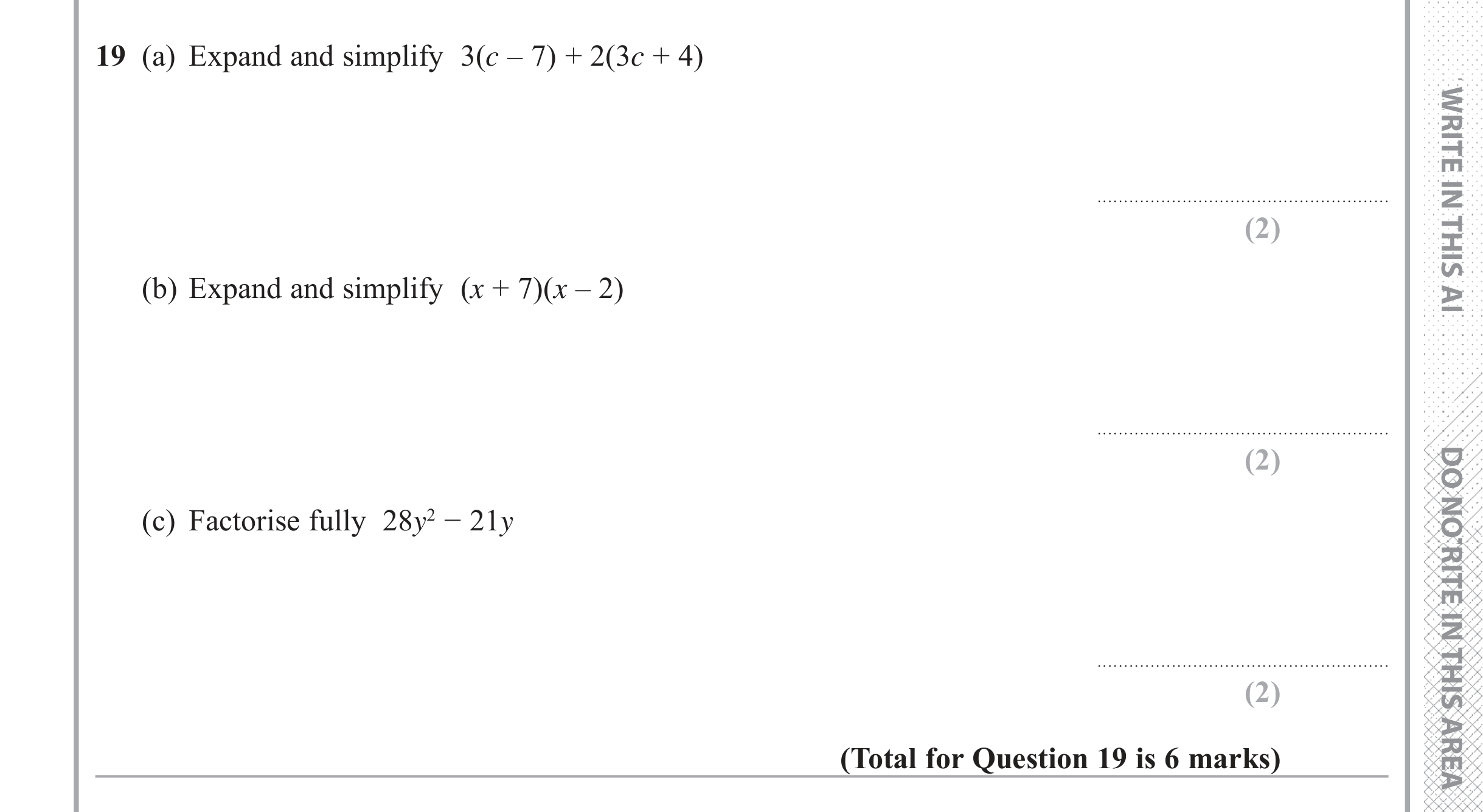 Question 19 — Factorise/Expand/Simplify — Edexcel iGCSE June 2018