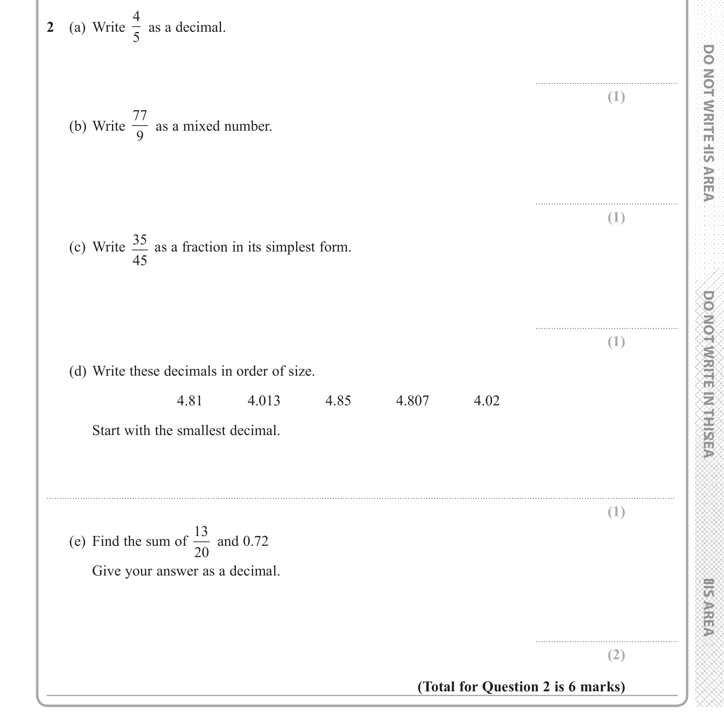 Question 2 — Fractions, Decimals — Edexcel iGCSE June 2018