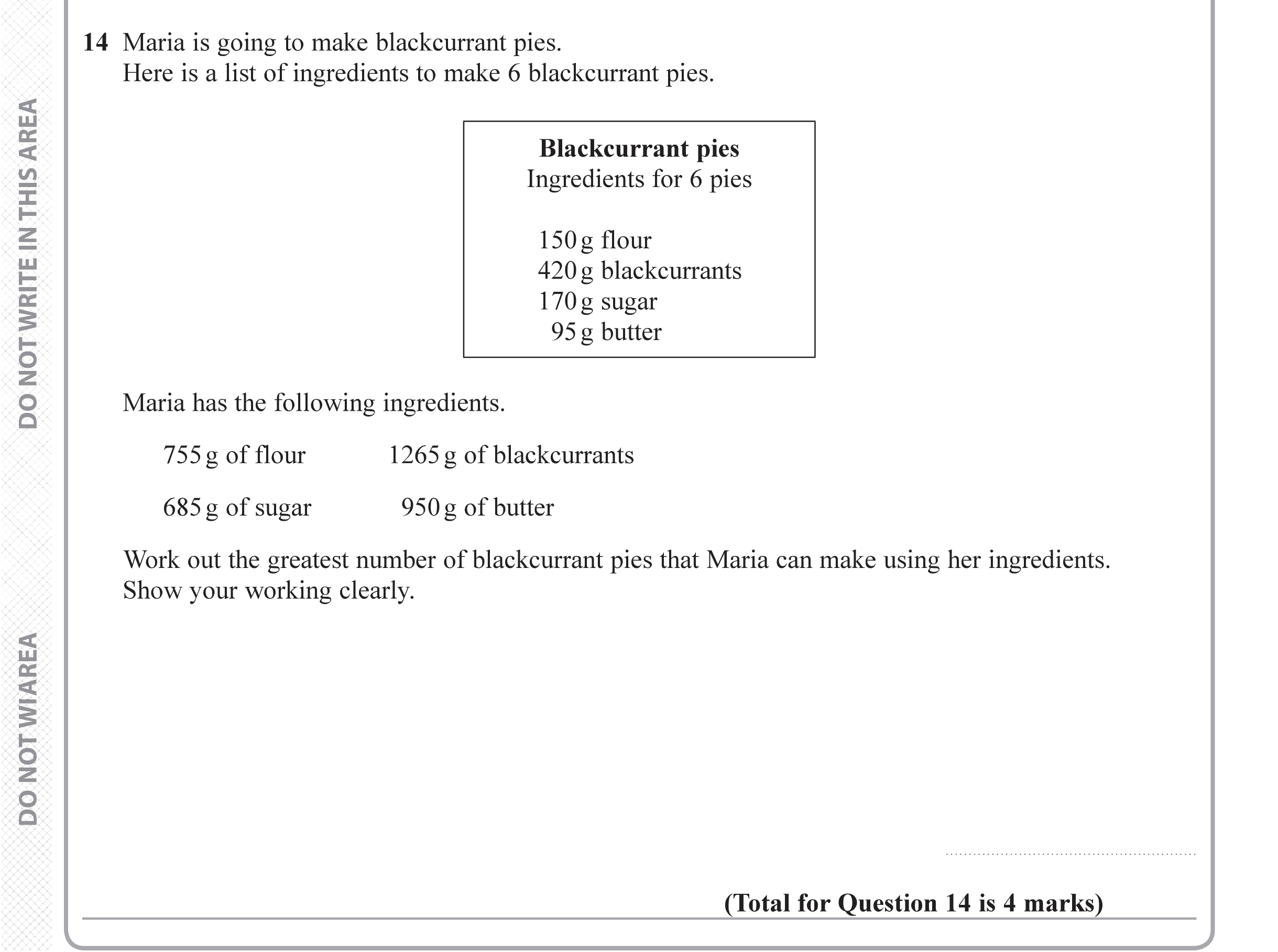 Question 14 — Recipe — Edexcel iGCSE June 2019