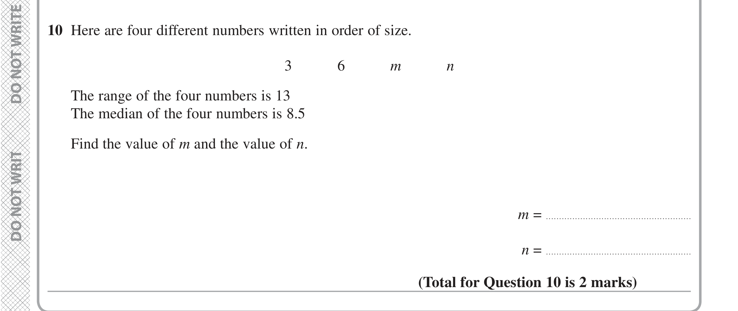 Question 10 — Mean/Median/Mode/Range — Edexcel iGCSE Jan 2020