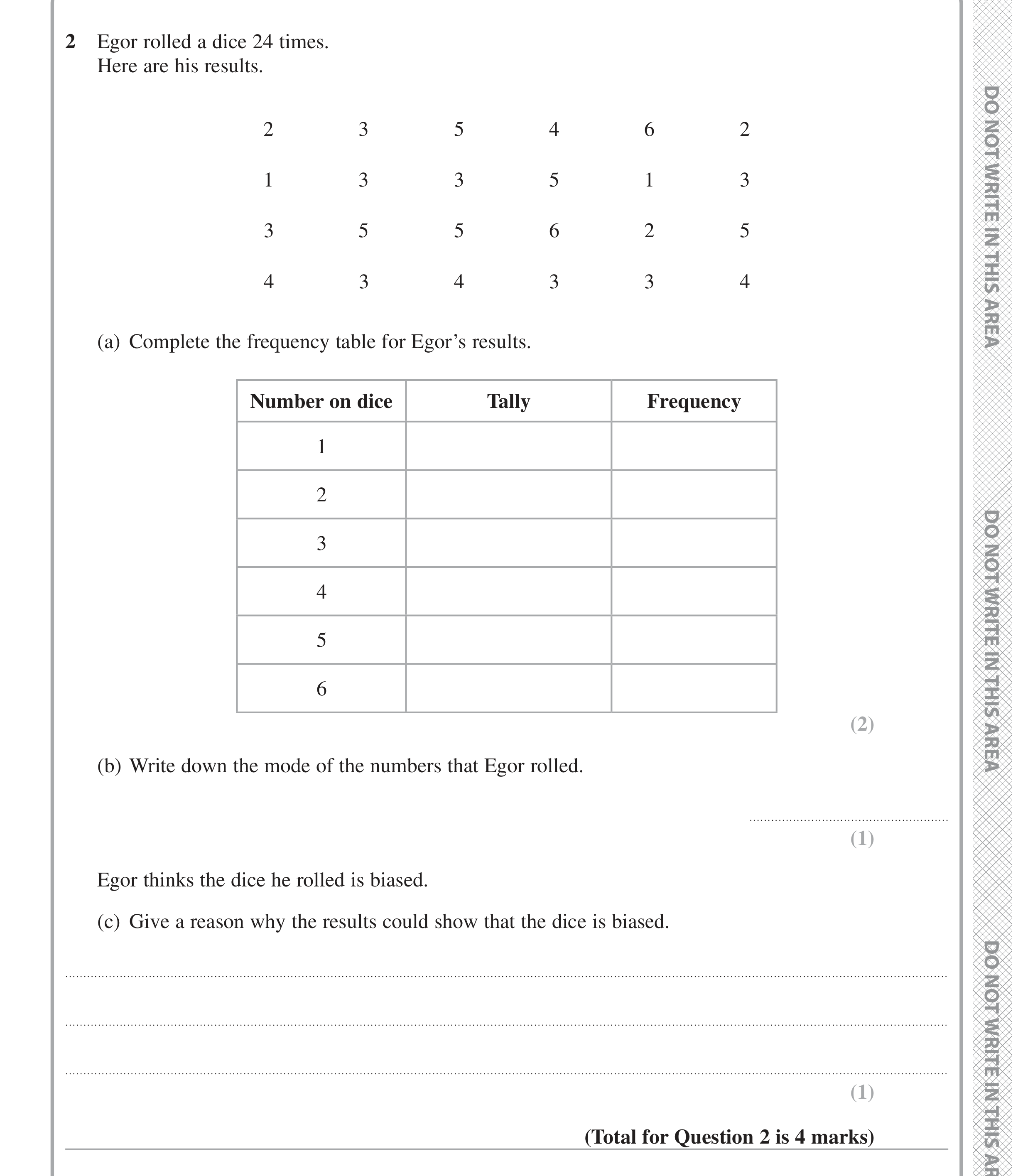 Question 2 — Frequency Tables — Edexcel iGCSE Jan 2020