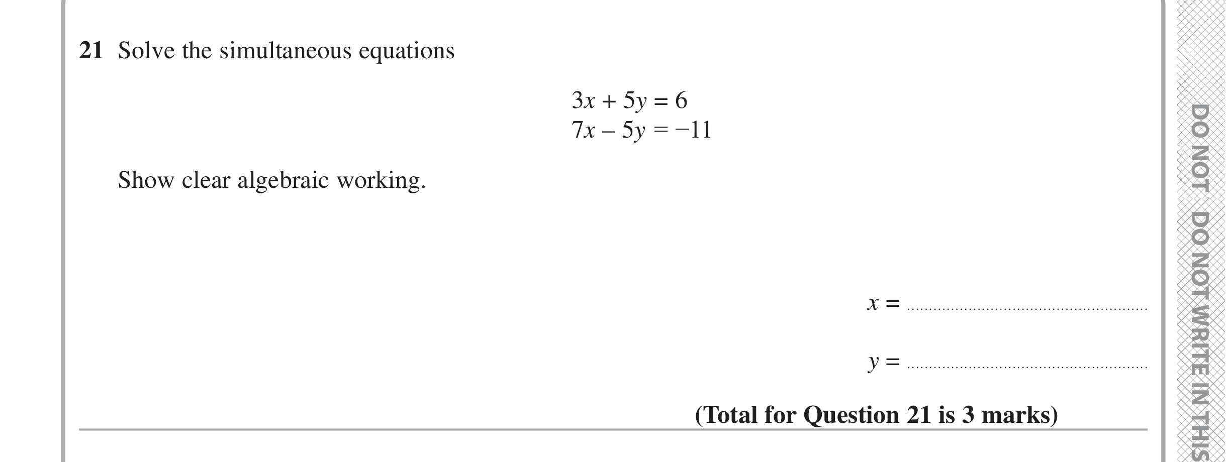 Question 21 — Simultaneous Equations — Edexcel iGCSE Jan 2020
